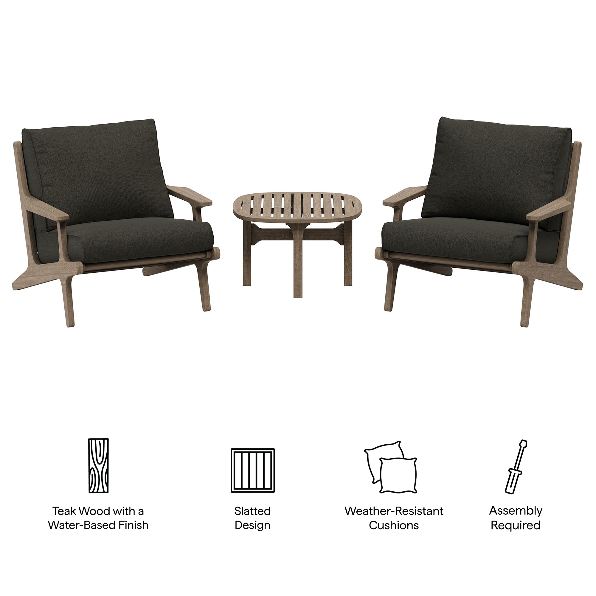 Modway EEI-7267 Saratoga 3-Piece Outdoor Patio Teak Wood Furniture Set with Lounge Chairs and Side Table