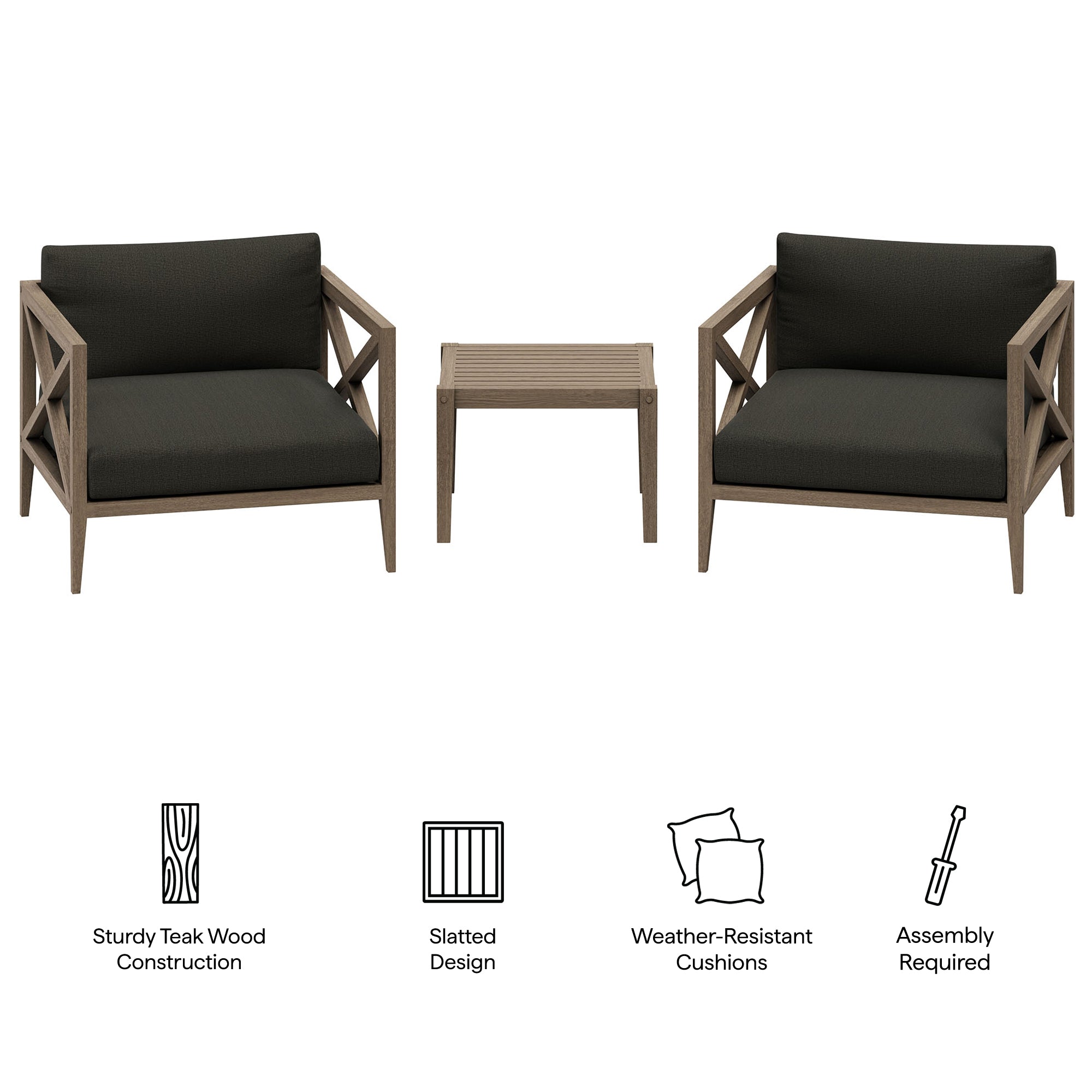 Modway EEI-7275 Northlake 3-Piece Outdoor Patio Teak Wood Furniture Set with Armchair and Side Table