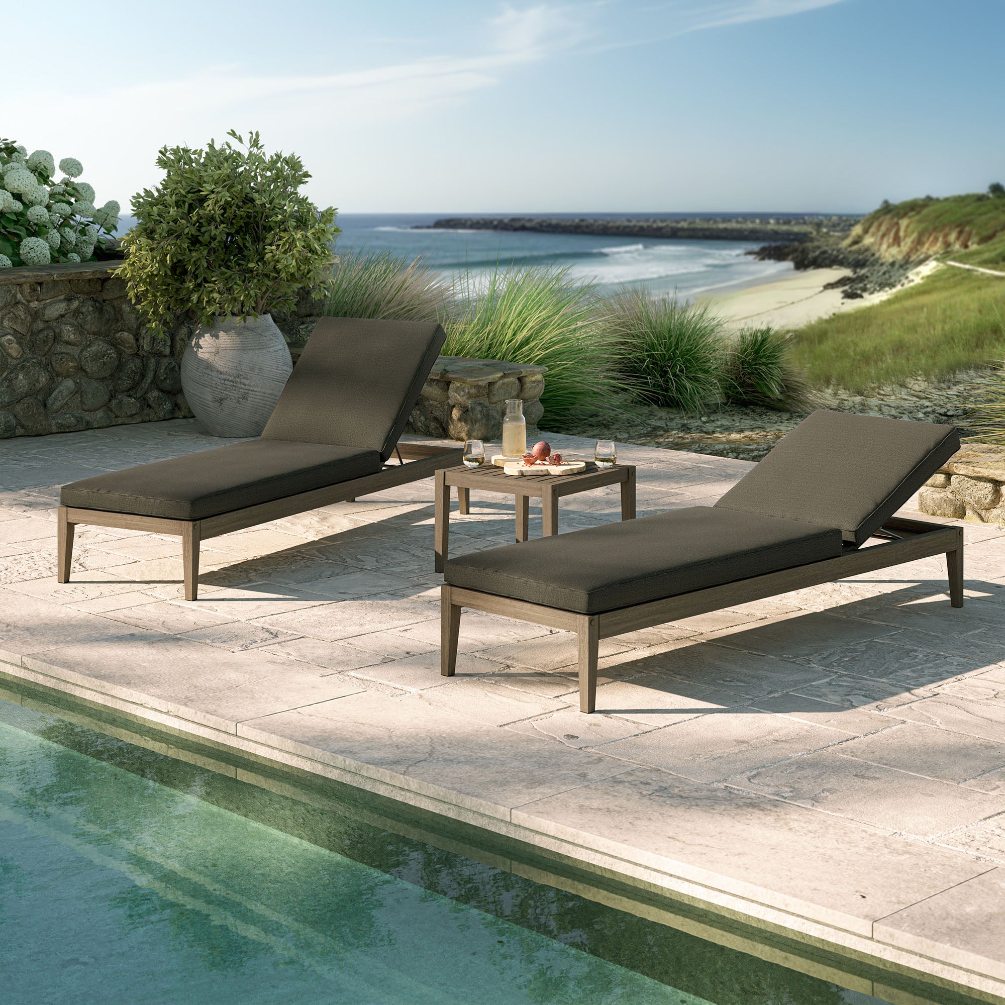 Modway EEI-7276 Northlake 3-Piece Outdoor Patio Teak Wood Furniture Set with Chaise Lounges and Side Table