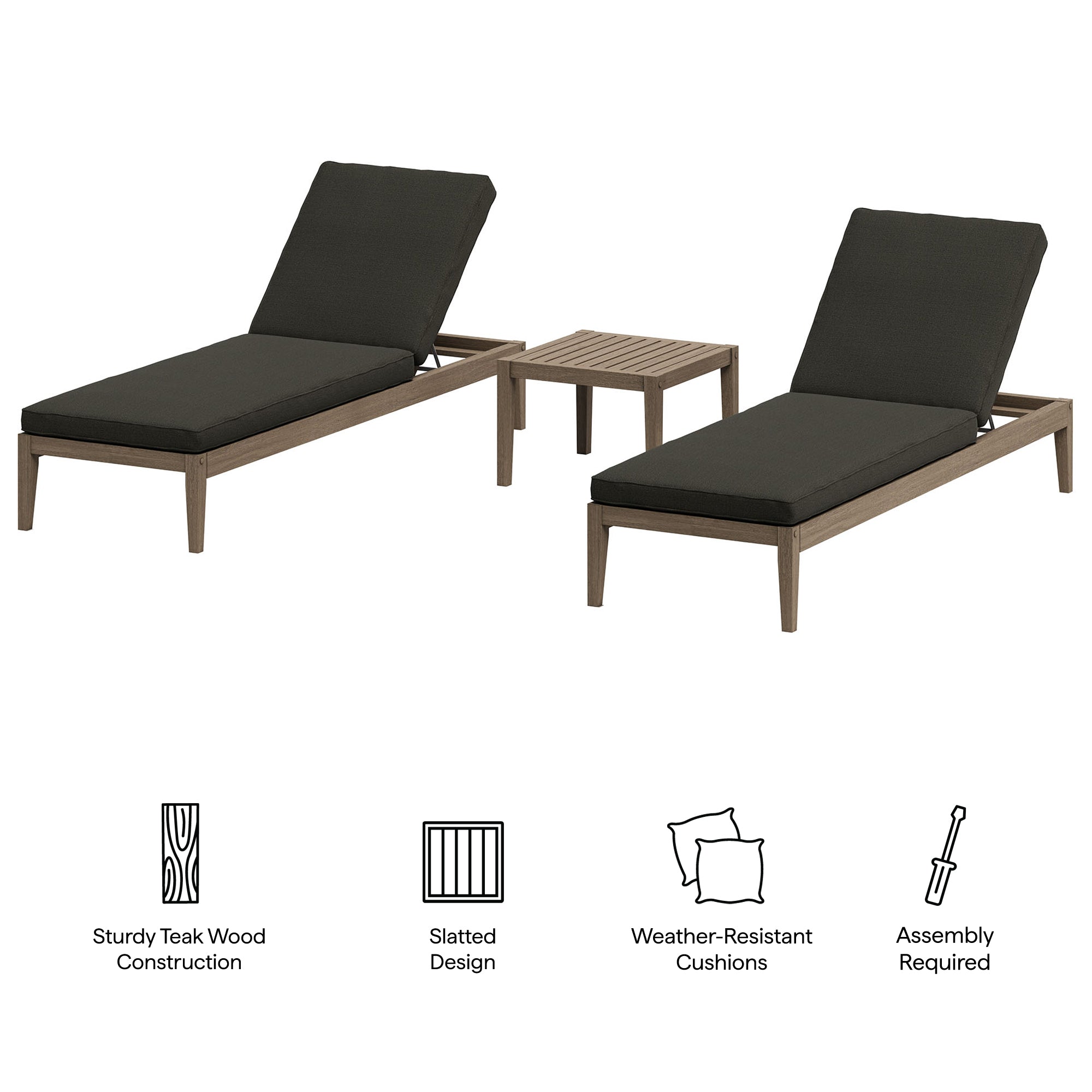 Modway EEI-7276 Northlake 3-Piece Outdoor Patio Teak Wood Furniture Set with Chaise Lounges and Side Table