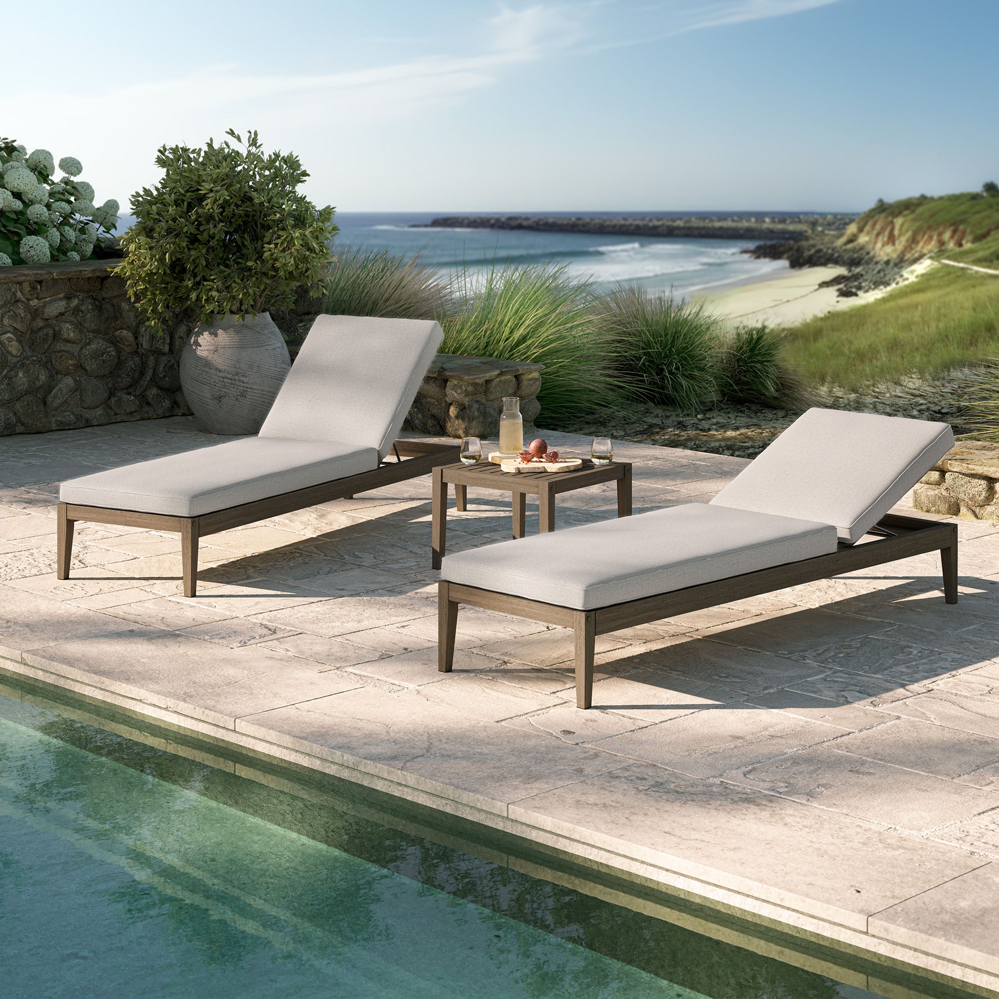 Modway EEI-7276 Northlake 3-Piece Outdoor Patio Teak Wood Furniture Set with Chaise Lounges and Side Table