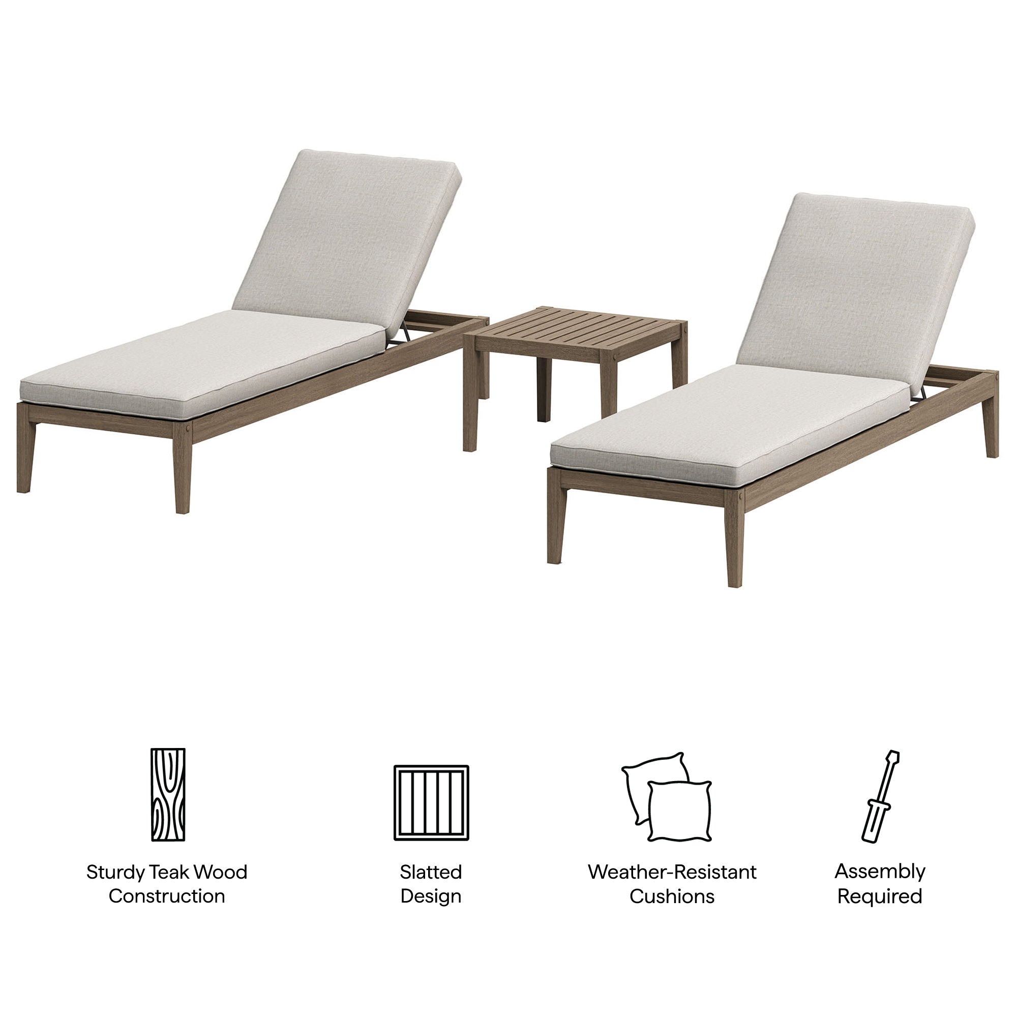 Modway EEI-7276 Northlake 3-Piece Outdoor Patio Teak Wood Furniture Set with Chaise Lounges and Side Table