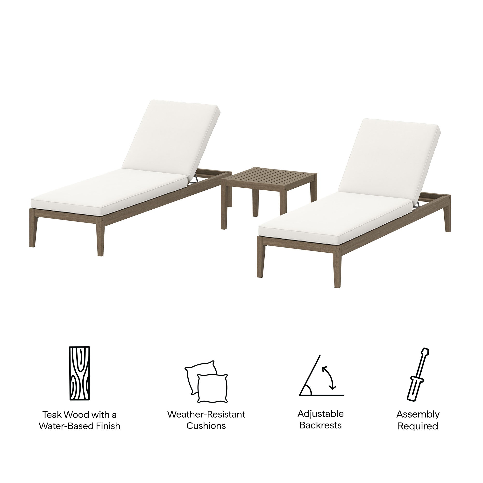 Modway Northlake 3-Piece Outdoor Patio Teak Wood Furniture Set with Chaise Lounges and Side Table