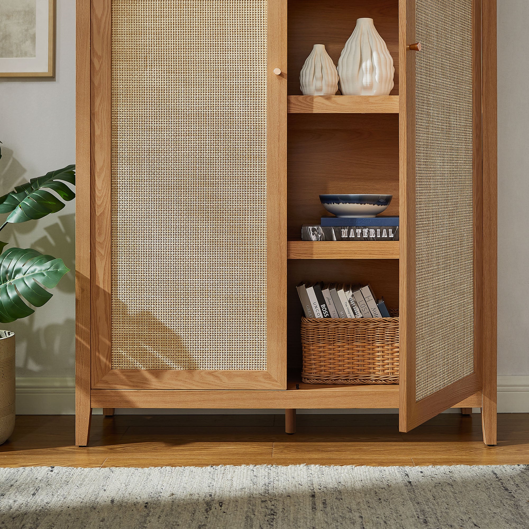 Calista 79" Tall Wide Rattan Arched Storage Cabinet