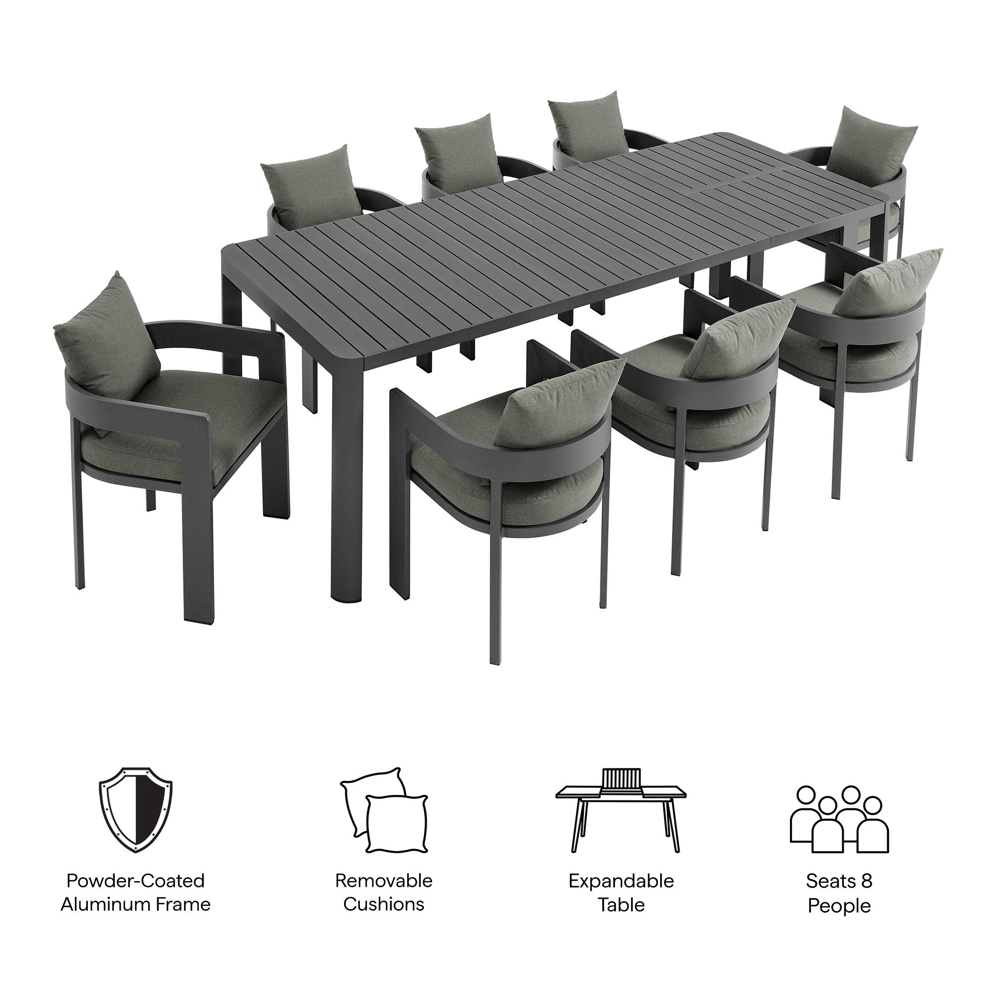 Modway Tahoe 9-Piece Outdoor Patio Aluminum Dining Set With Extendable Table