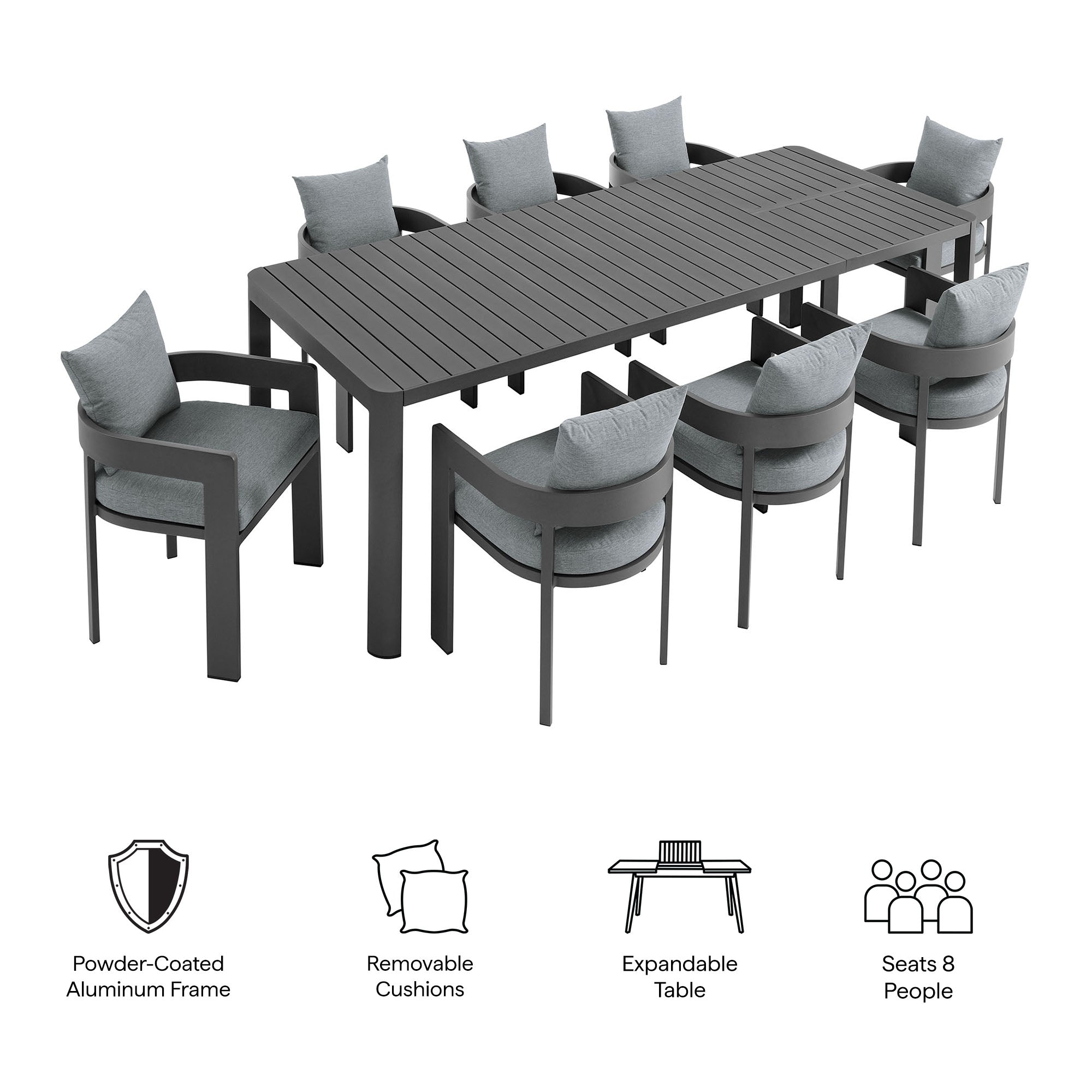 Modway Tahoe 9-Piece Outdoor Patio Aluminum Dining Set With Extendable Table