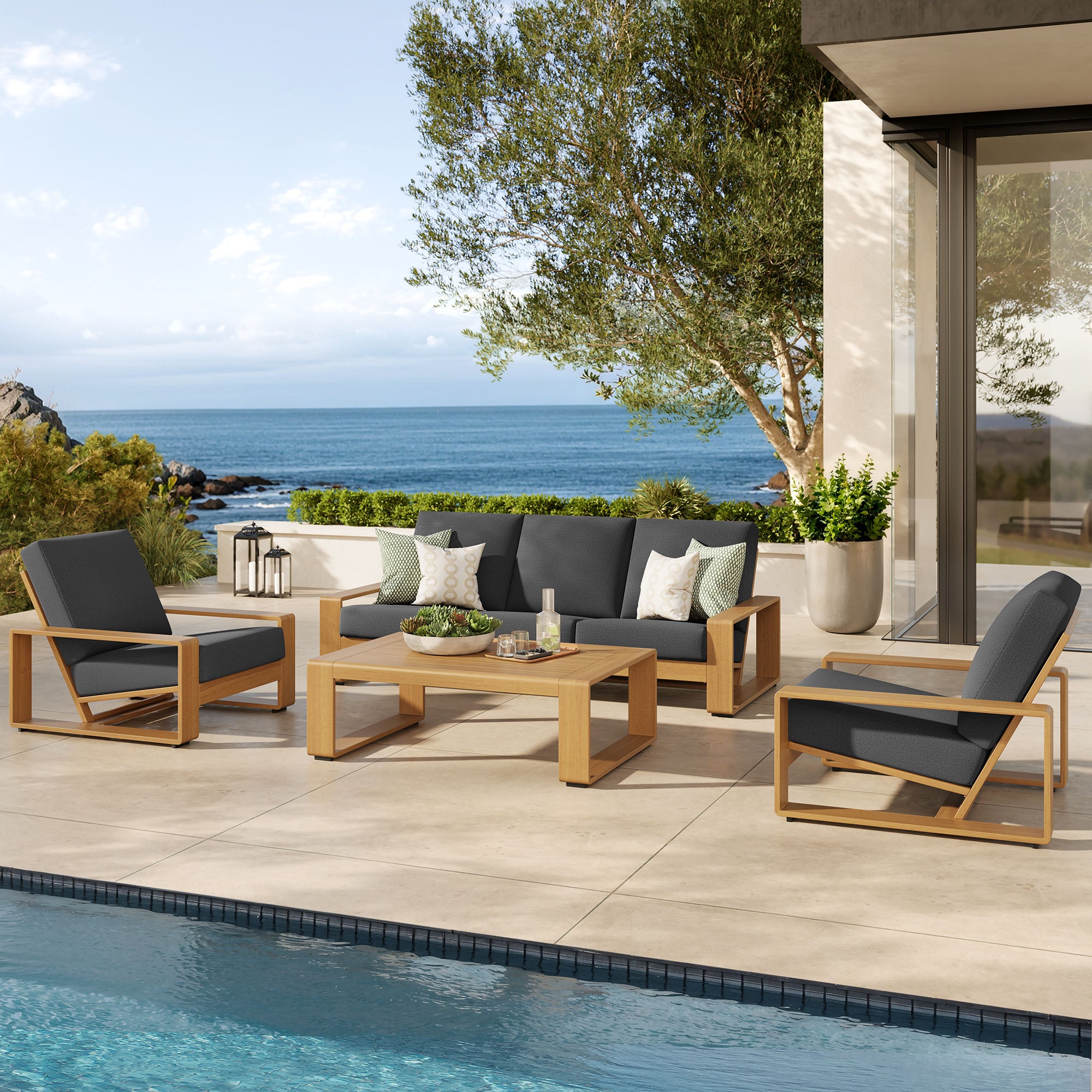Modway Lirienne 4-Piece Outdoor Patio Aluminum Faux Wood Furniture Set