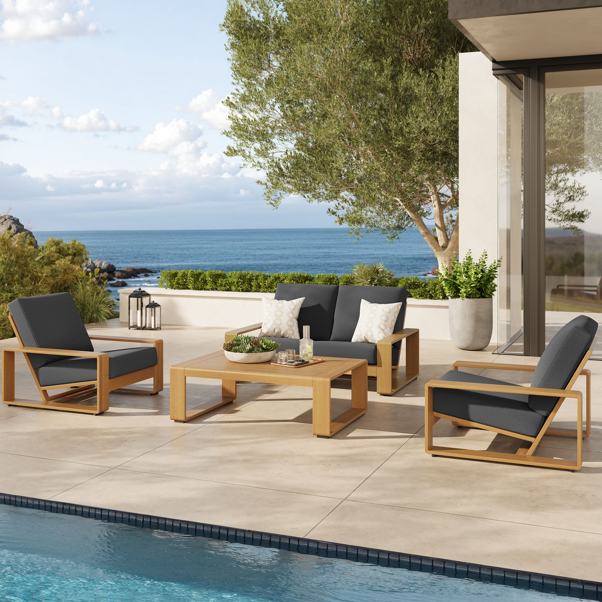 Modway Lirienne 4-Piece Outdoor Patio Aluminum Faux Wood Furniture Set