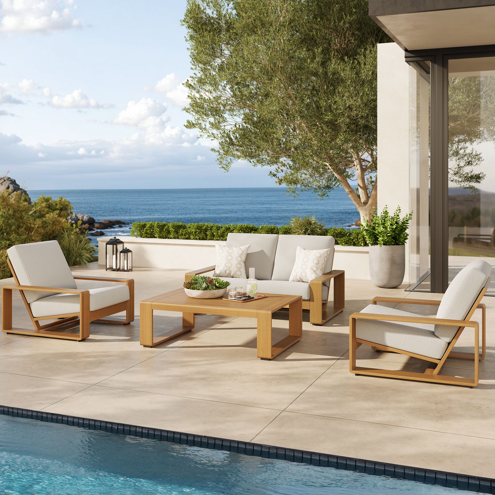 Modway Lirienne 4-Piece Outdoor Patio Aluminum Faux Wood Furniture Set