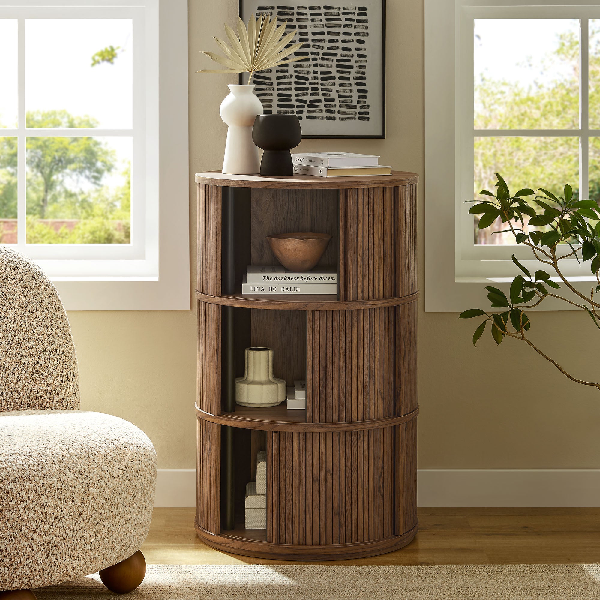 Modway Clement Round Pedestal Stand Storage Table With Sliding Tambour Doors