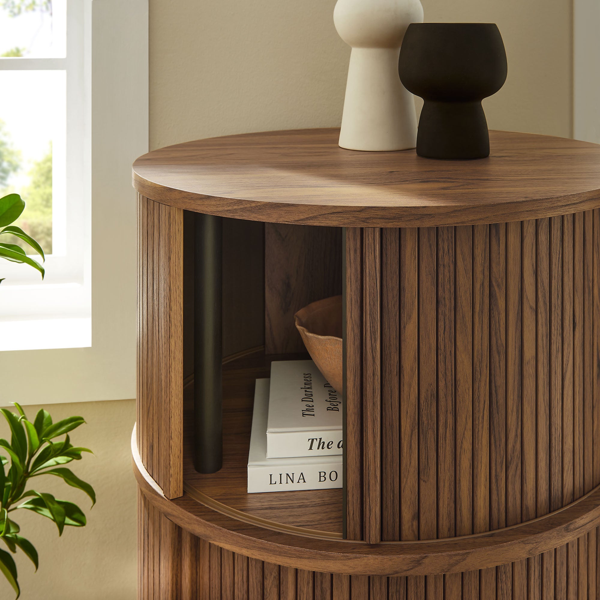 Modway Clement Round Pedestal Stand Storage Table With Sliding Tambour Doors