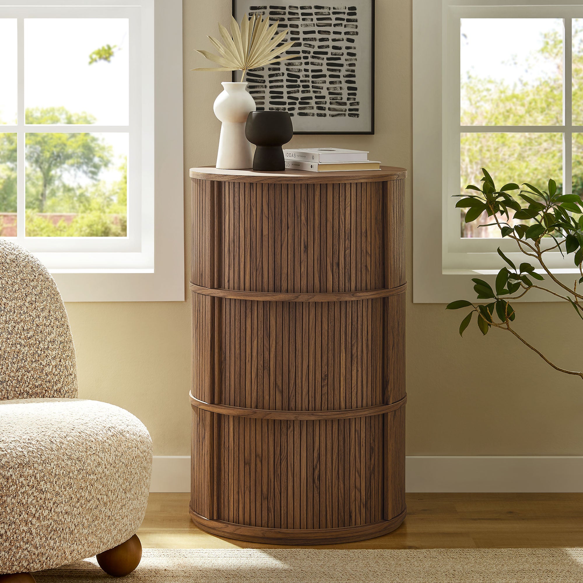 Modway Clement Round Pedestal Stand Storage Table With Sliding Tambour Doors