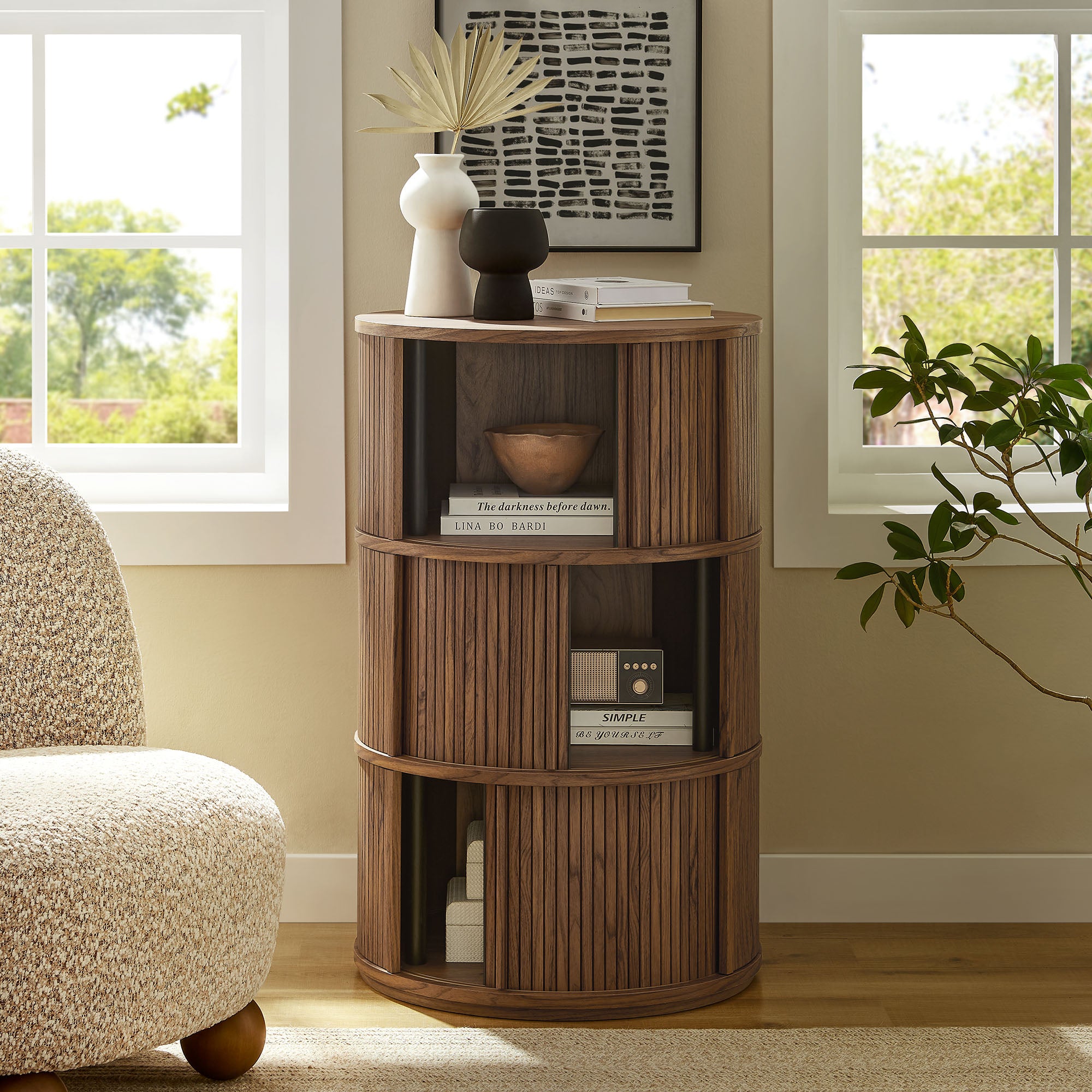 Modway Clement Round Pedestal Stand Storage Table With Sliding Tambour Doors