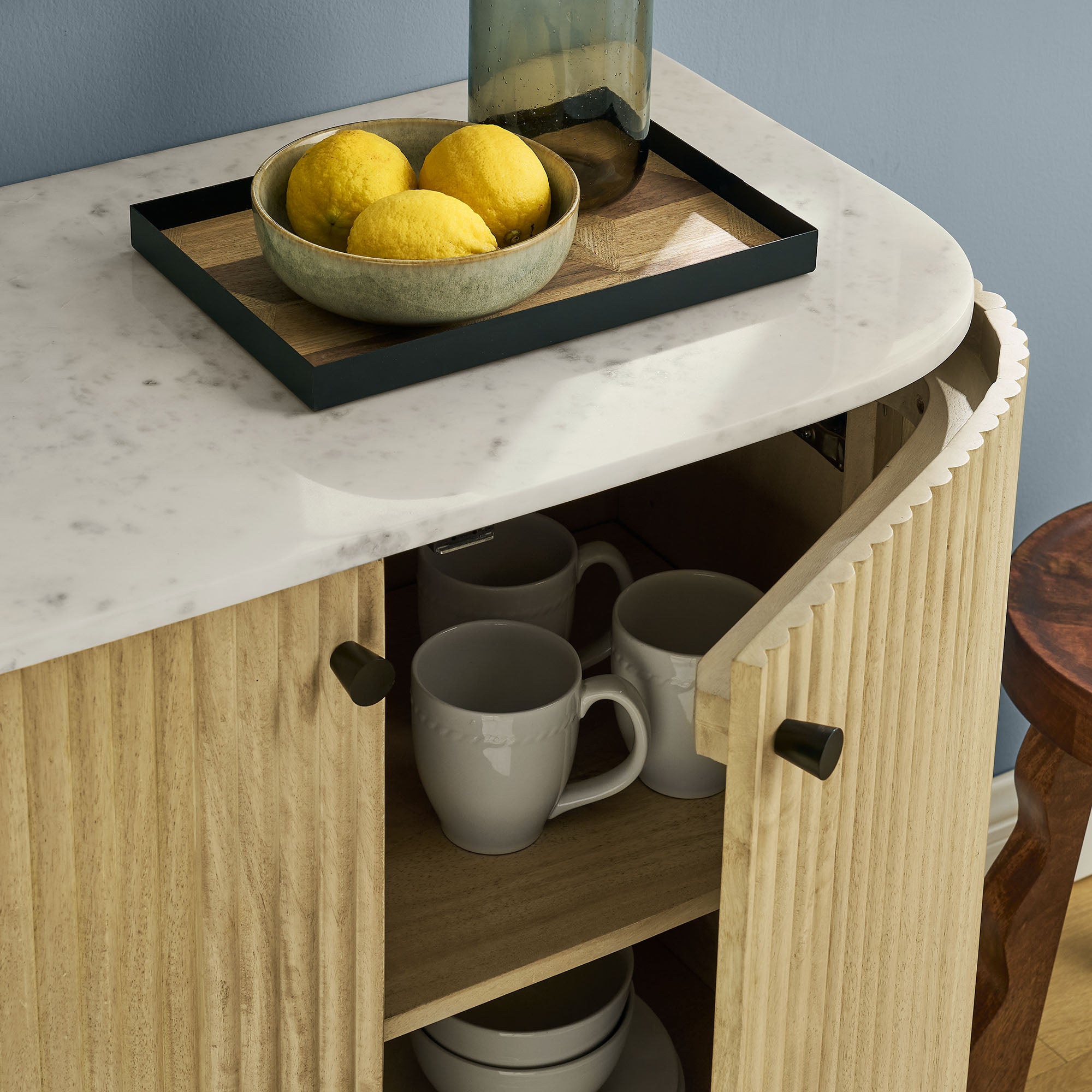 Modway Caldera 33" Curved Solid Wood and Marble Accent Storage Cabinet