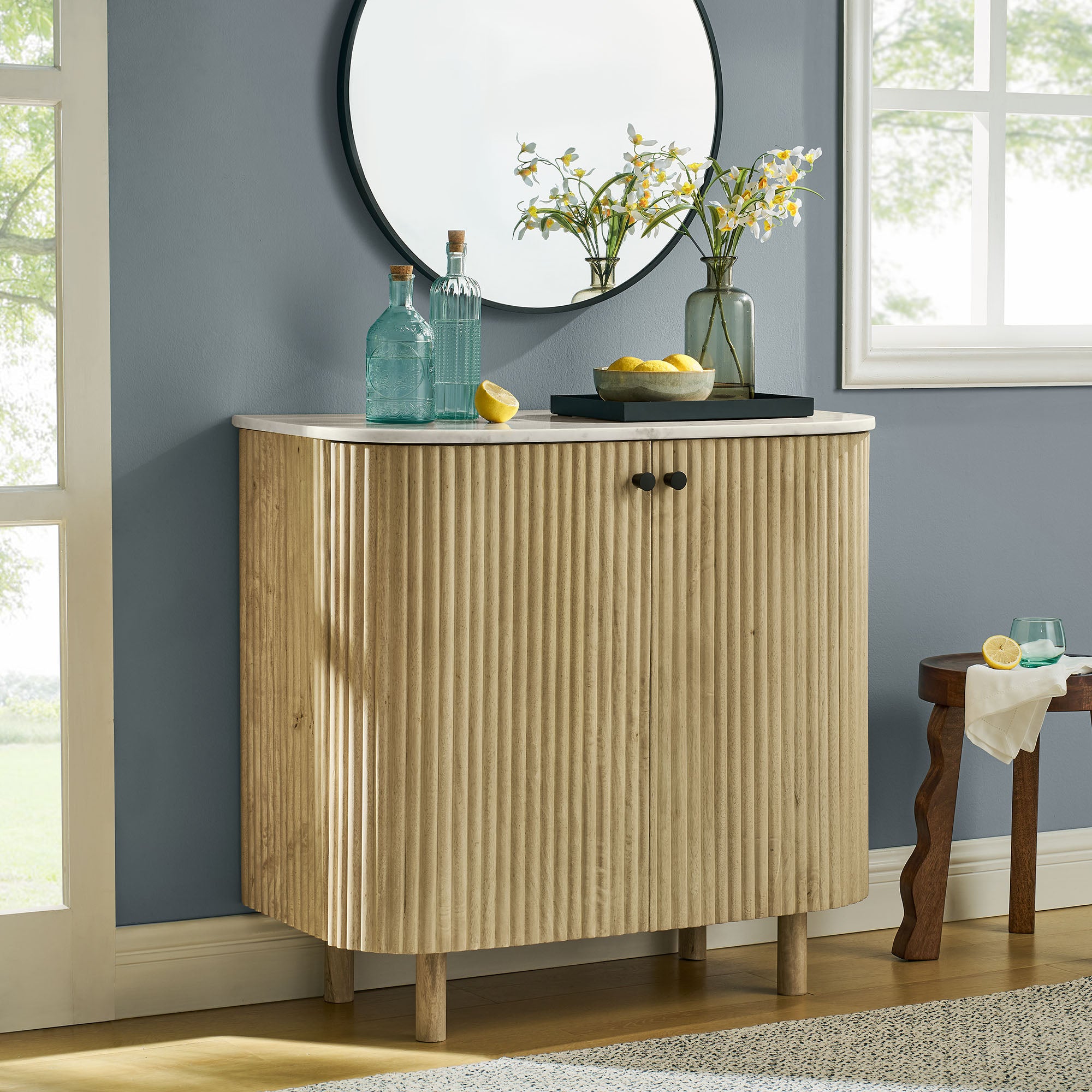 Modway Caldera 33" Curved Solid Wood and Marble Accent Storage Cabinet
