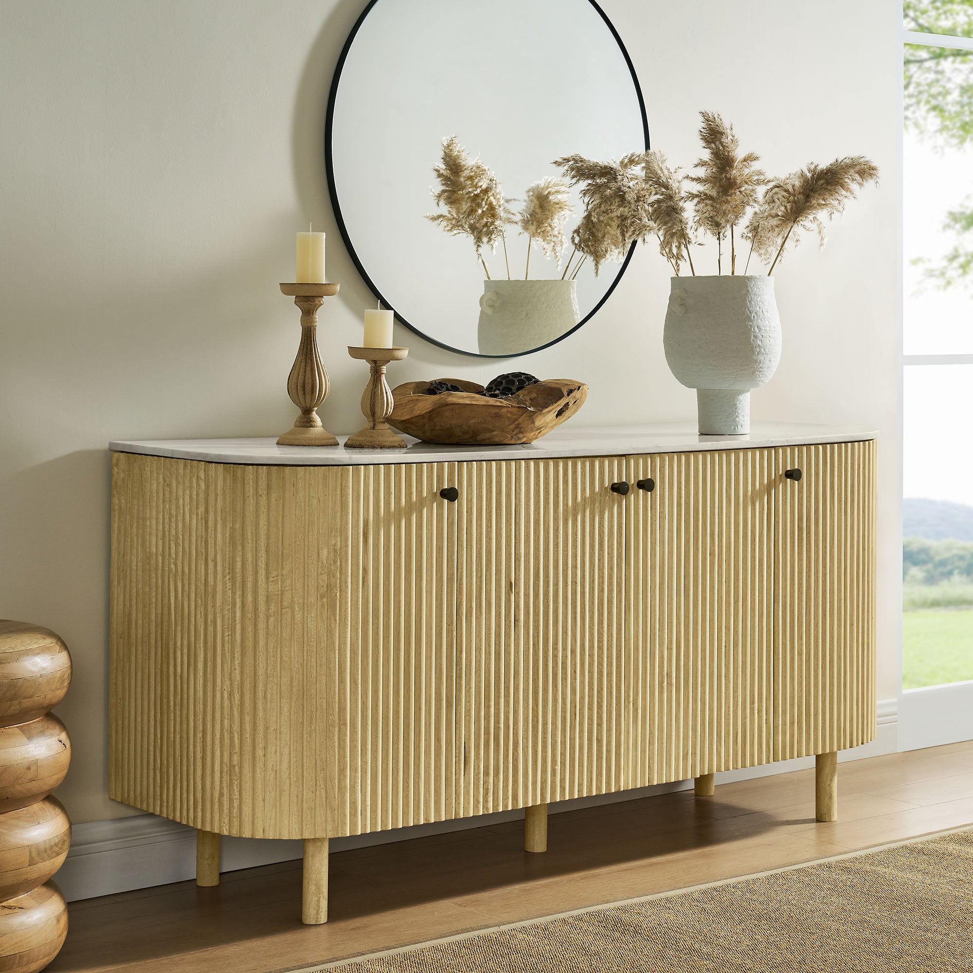 Modway Caldera 60" Curved Solid Wood and Marble Sideboard Storage Cabinet