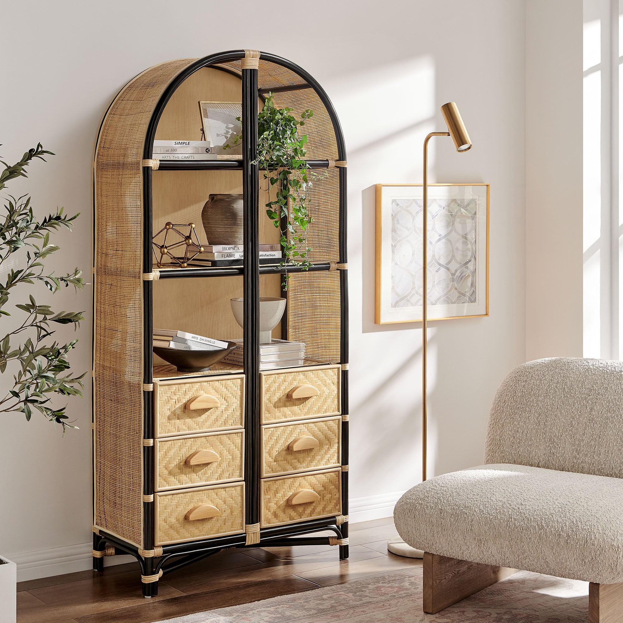 Jane 71 Inch Tall Arched Natural Rattan Bookshelf