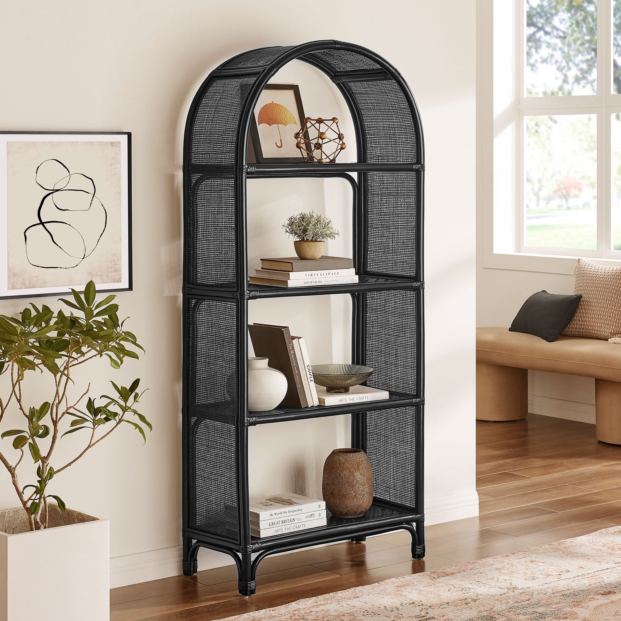 Modway Celeste 67 Inch Tall Arched Natural Rattan Bookshelf