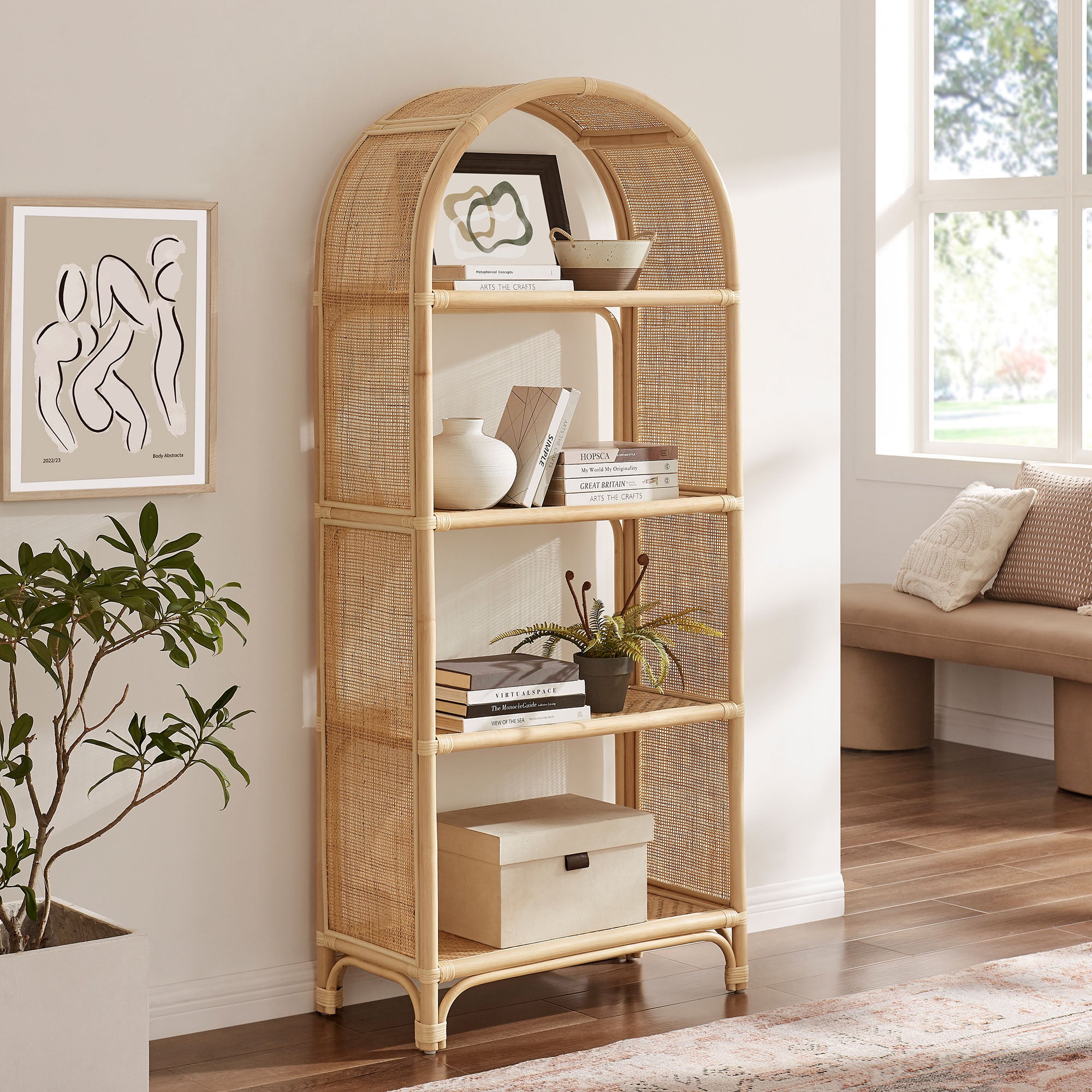 Modway Celeste 67 Inch Tall Arched Natural Rattan Bookshelf