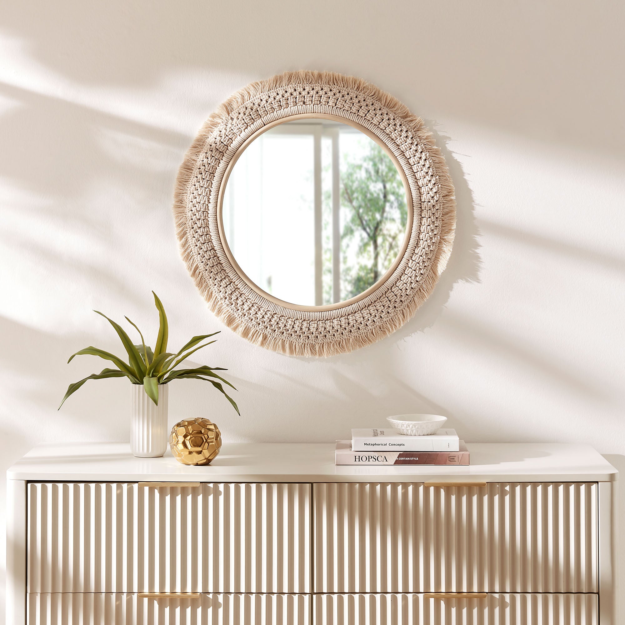 Modway Jade Round Rattan Macrame Wall Mirror
