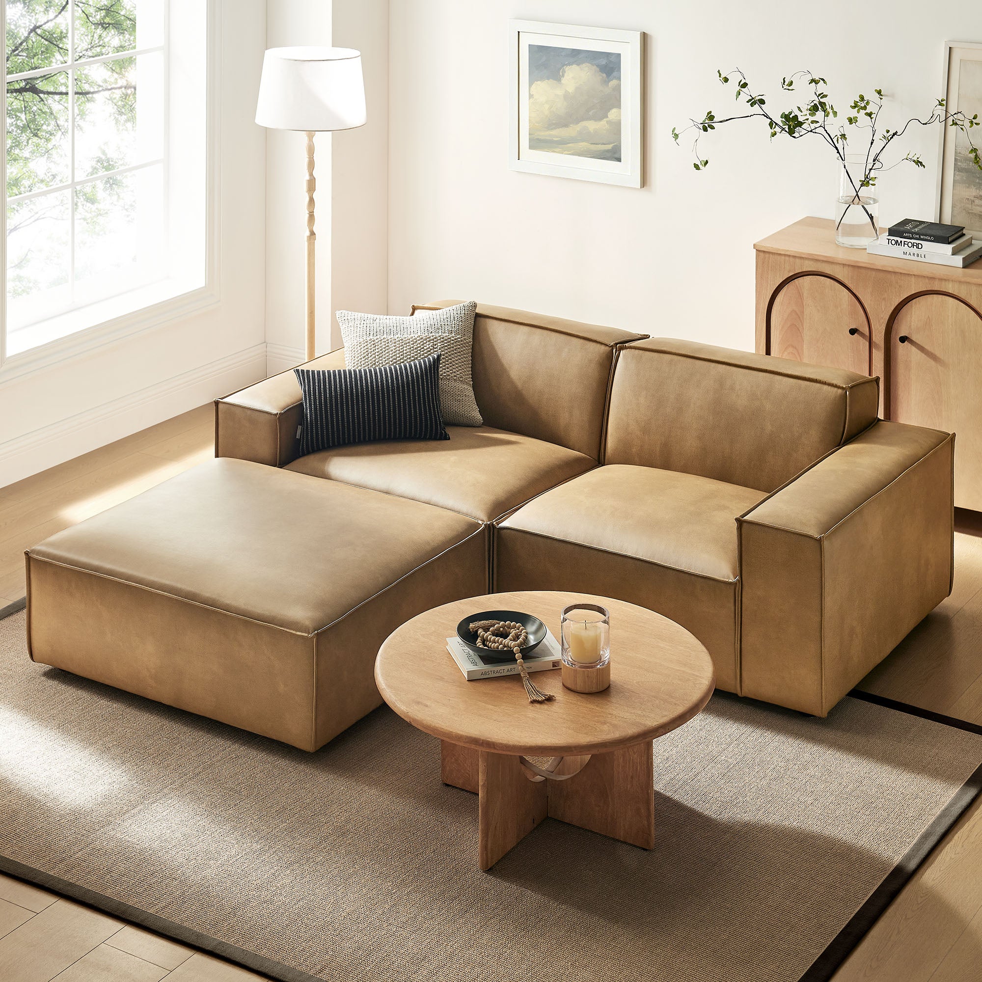 Modway EEI-7406 Restore 3-Piece Vegan Leather Modular Loveseat with Ottoman