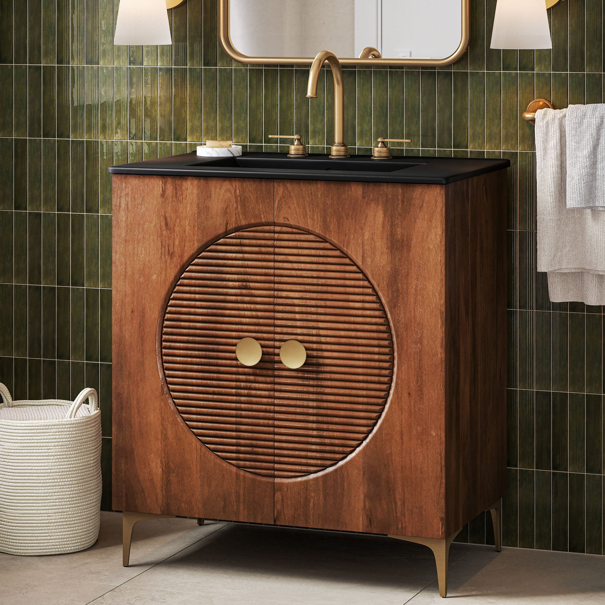 Modway Vernon 30" Fluted Wood Vanity Cabinet With Sink