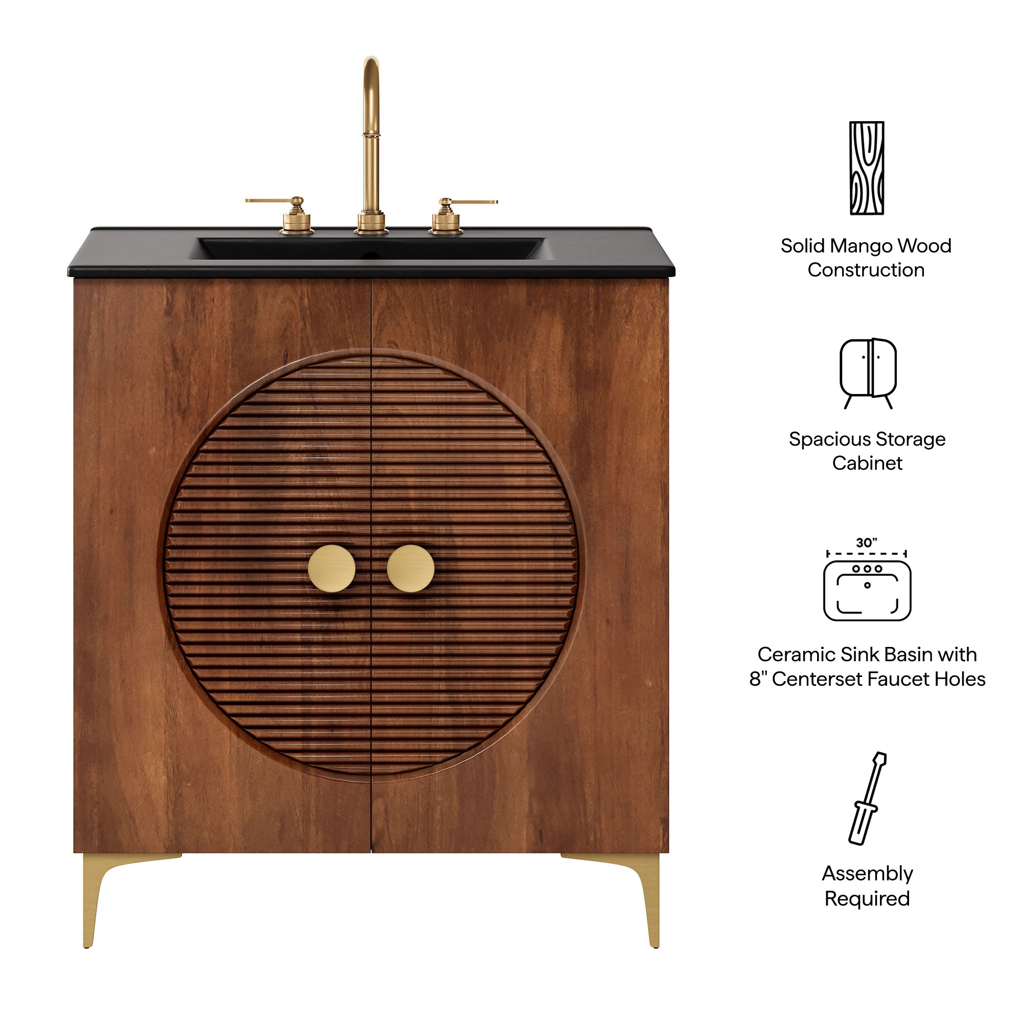 Modway Vernon 30" Fluted Wood Vanity Cabinet With Sink