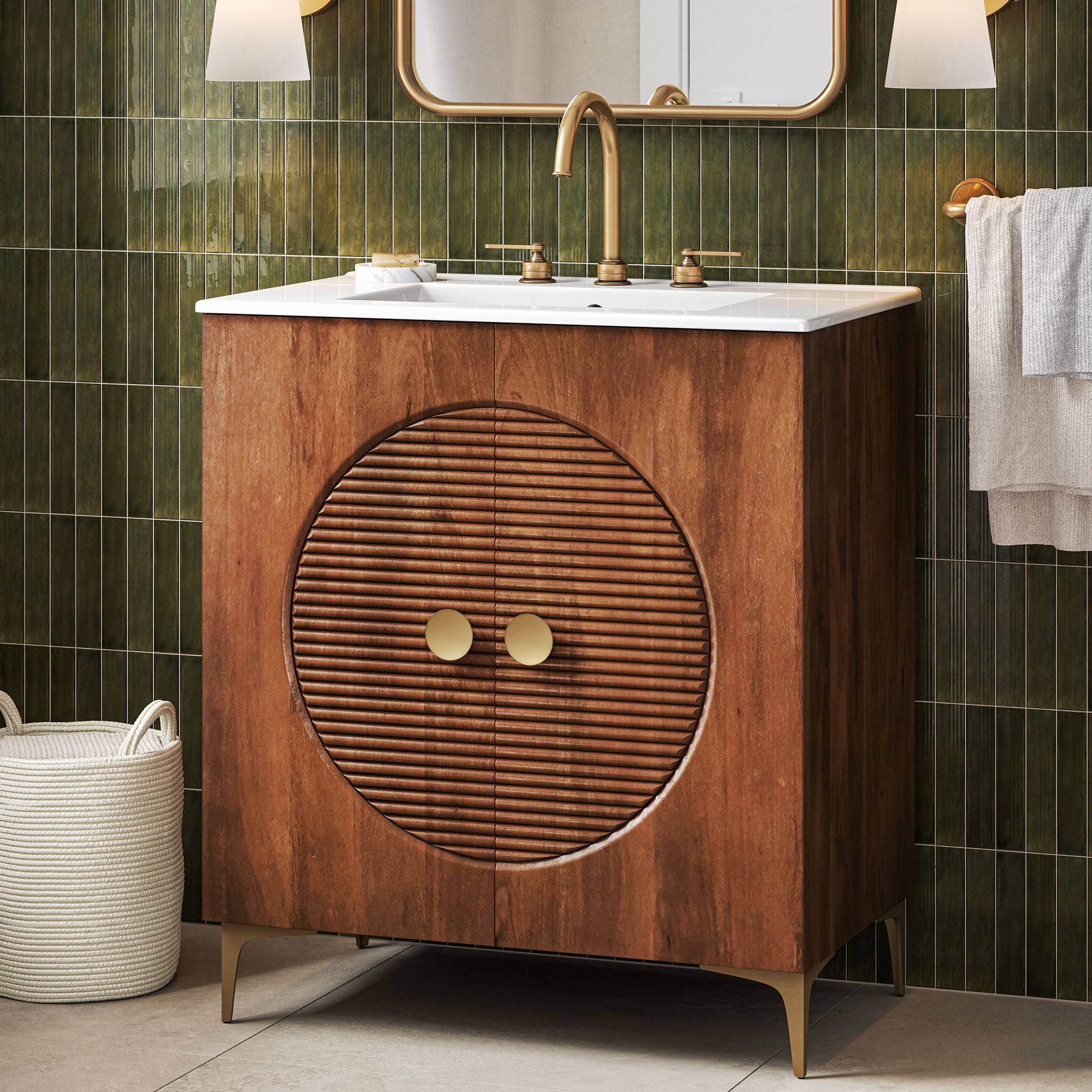 Modway Vernon 30" Fluted Wood Vanity Cabinet With Sink