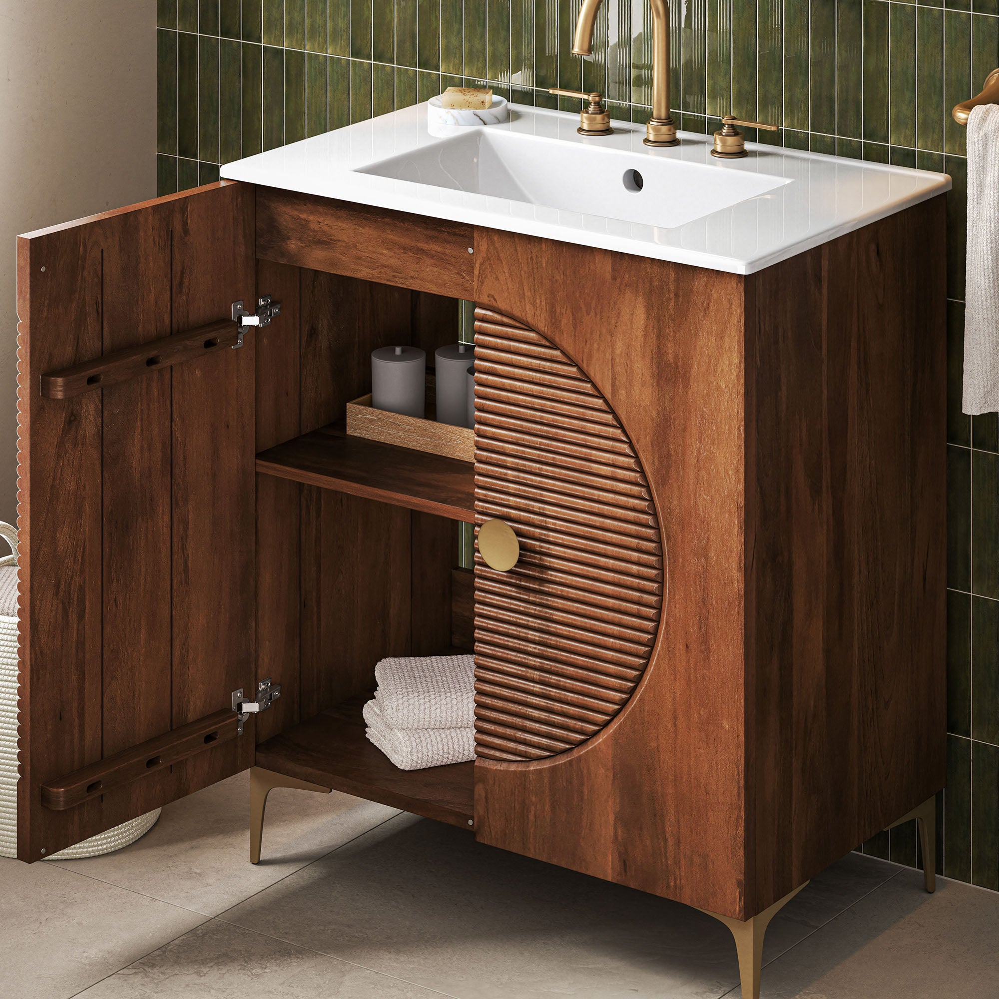 Modway Vernon 30" Fluted Wood Vanity Cabinet With Sink