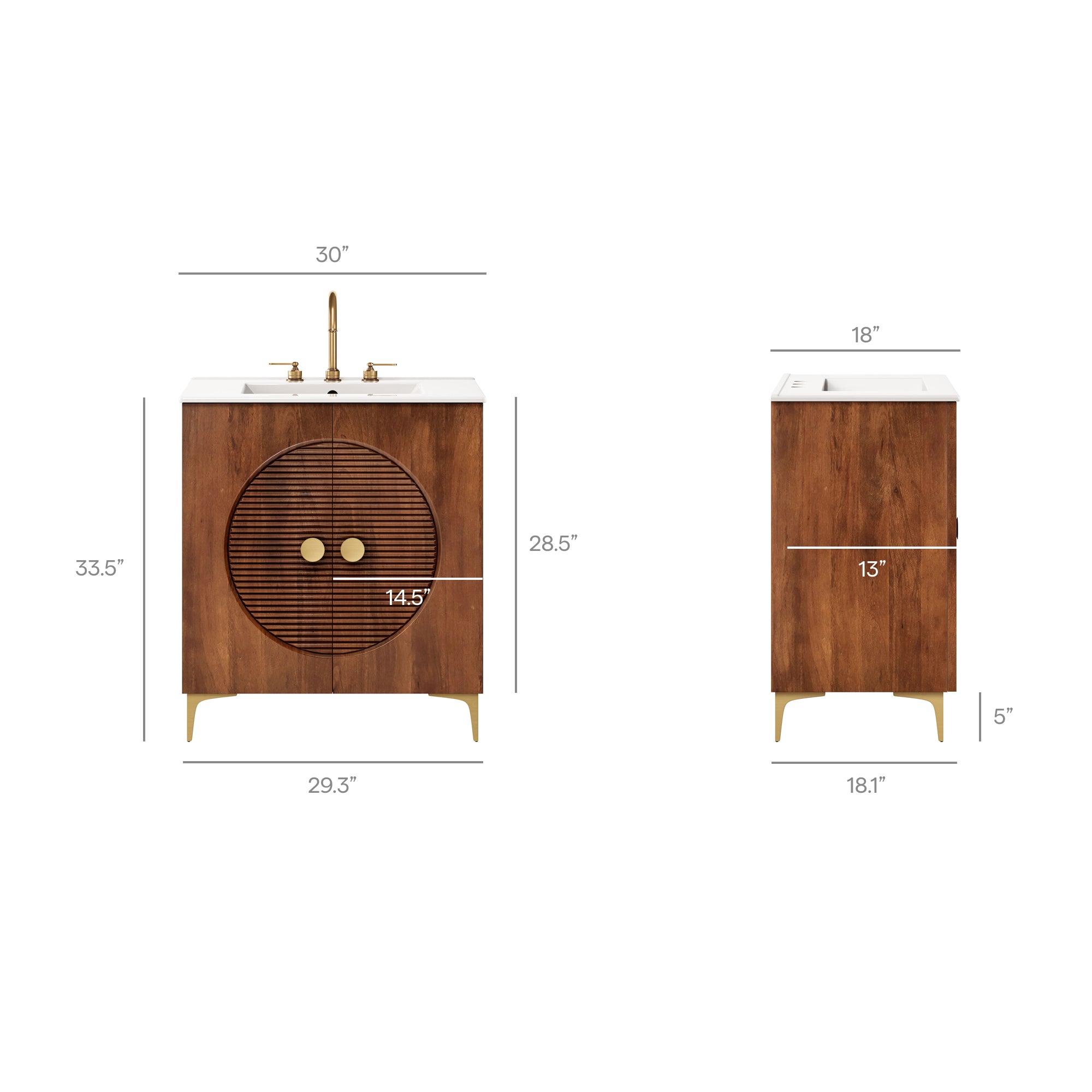 Modway Vernon 30" Fluted Wood Vanity Cabinet With Sink