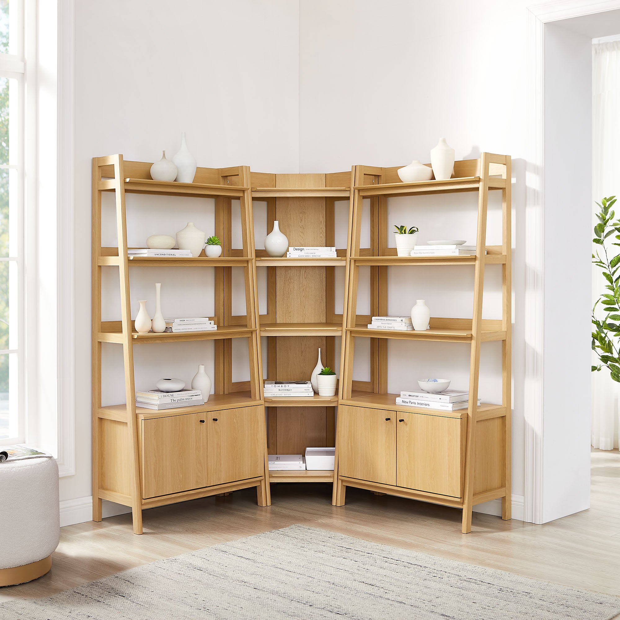Modway Bixby 3-Piece Corner Bookshelf Set with Wide Bookshelves