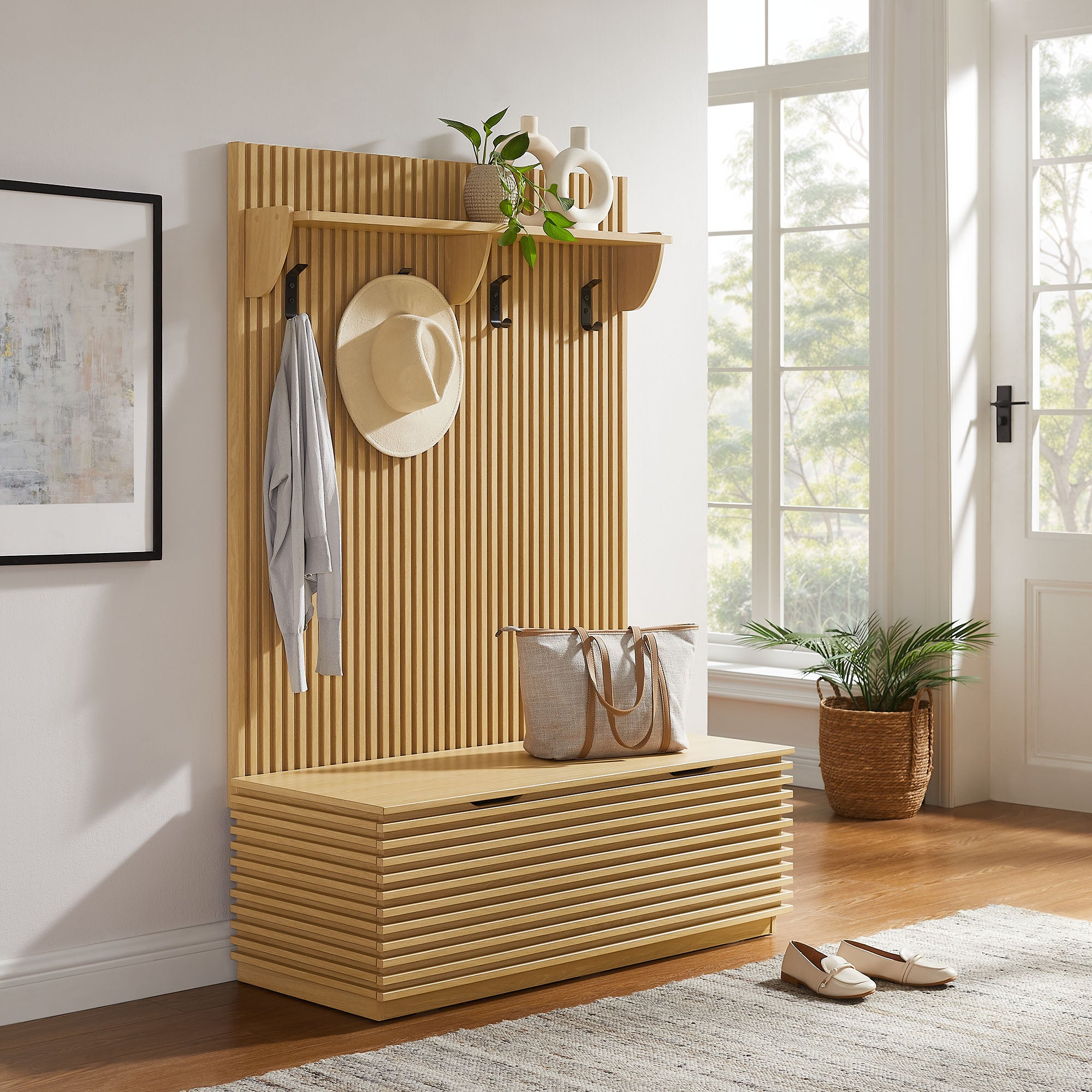 Modway EEI-7473 Render Fluted 3-in-1 Hall Tree With Storage Bench and Coat Rack