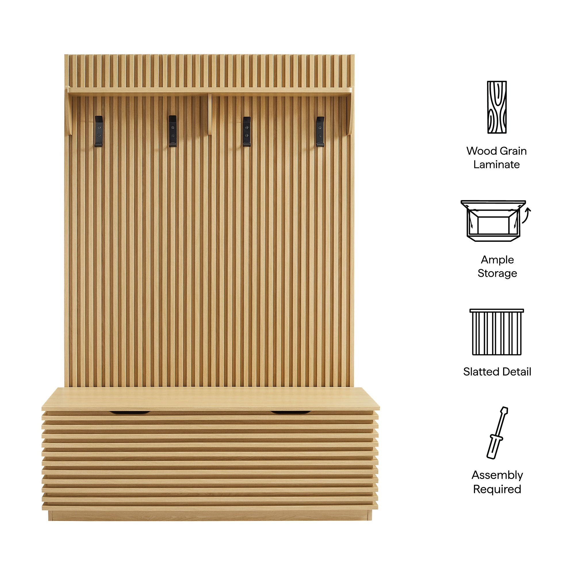 Modway EEI-7473 Render Fluted 3-in-1 Hall Tree With Storage Bench and Coat Rack