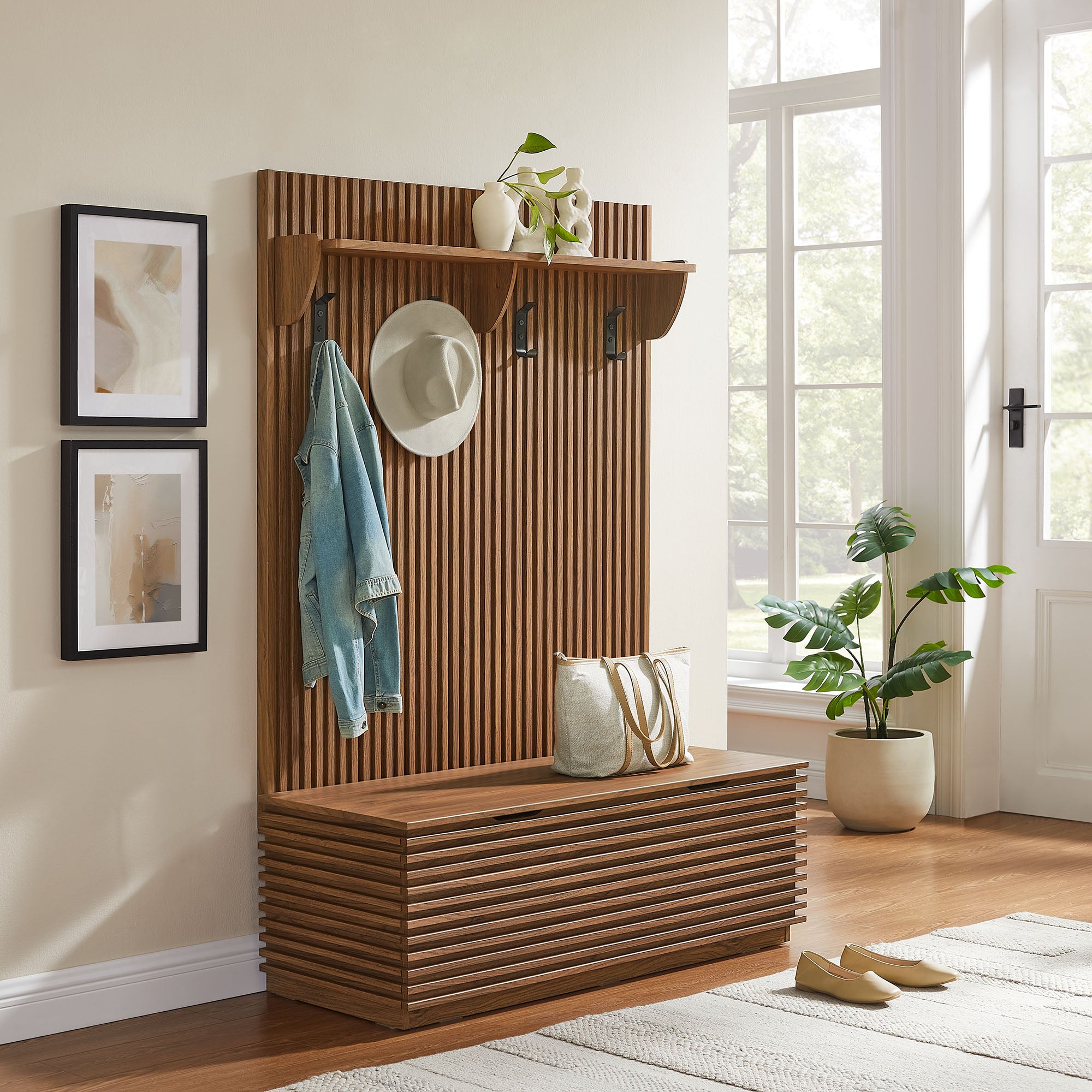 Modway EEI-7473 Render Fluted 3-in-1 Hall Tree With Storage Bench and Coat Rack