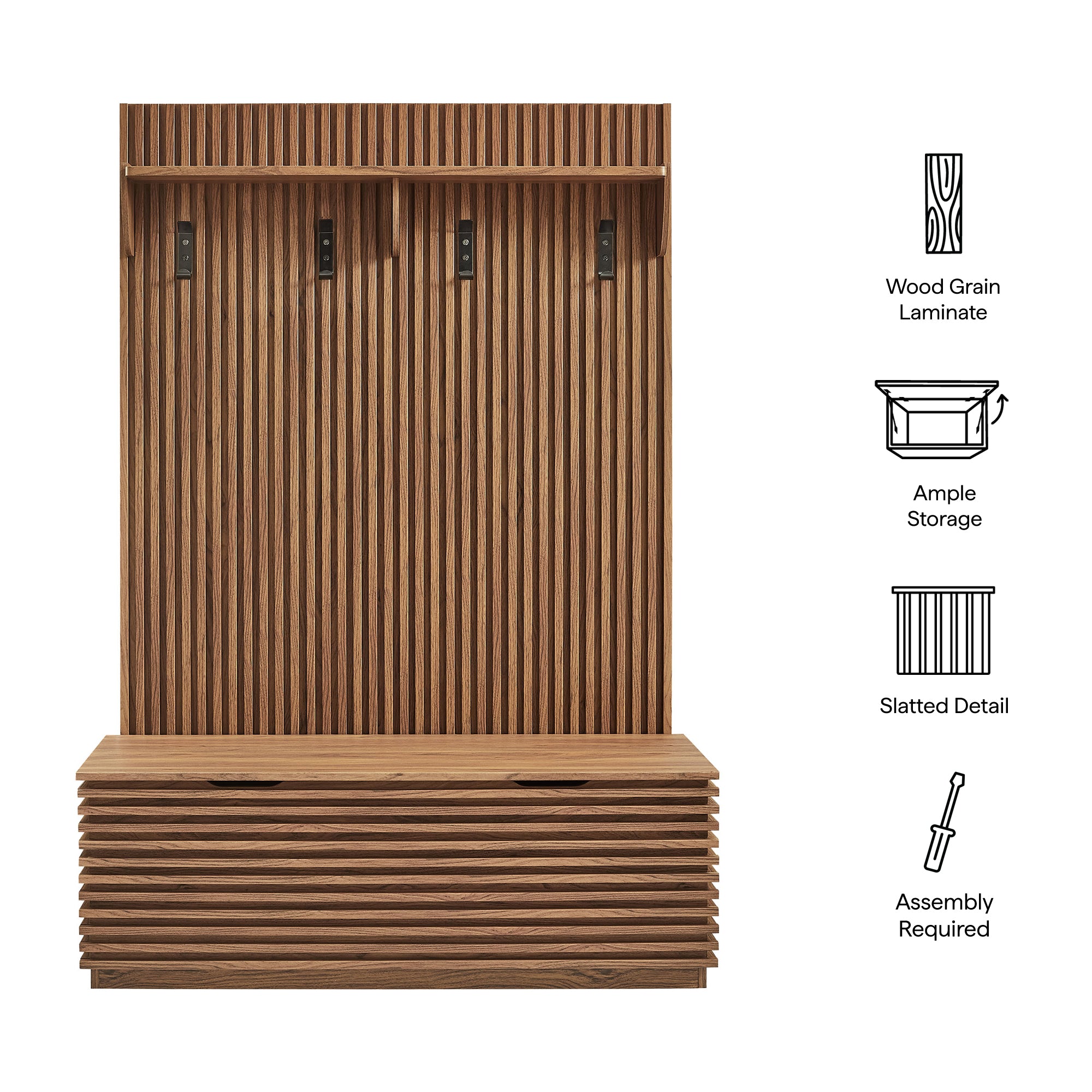 Modway EEI-7473 Render Fluted 3-in-1 Hall Tree With Storage Bench and Coat Rack