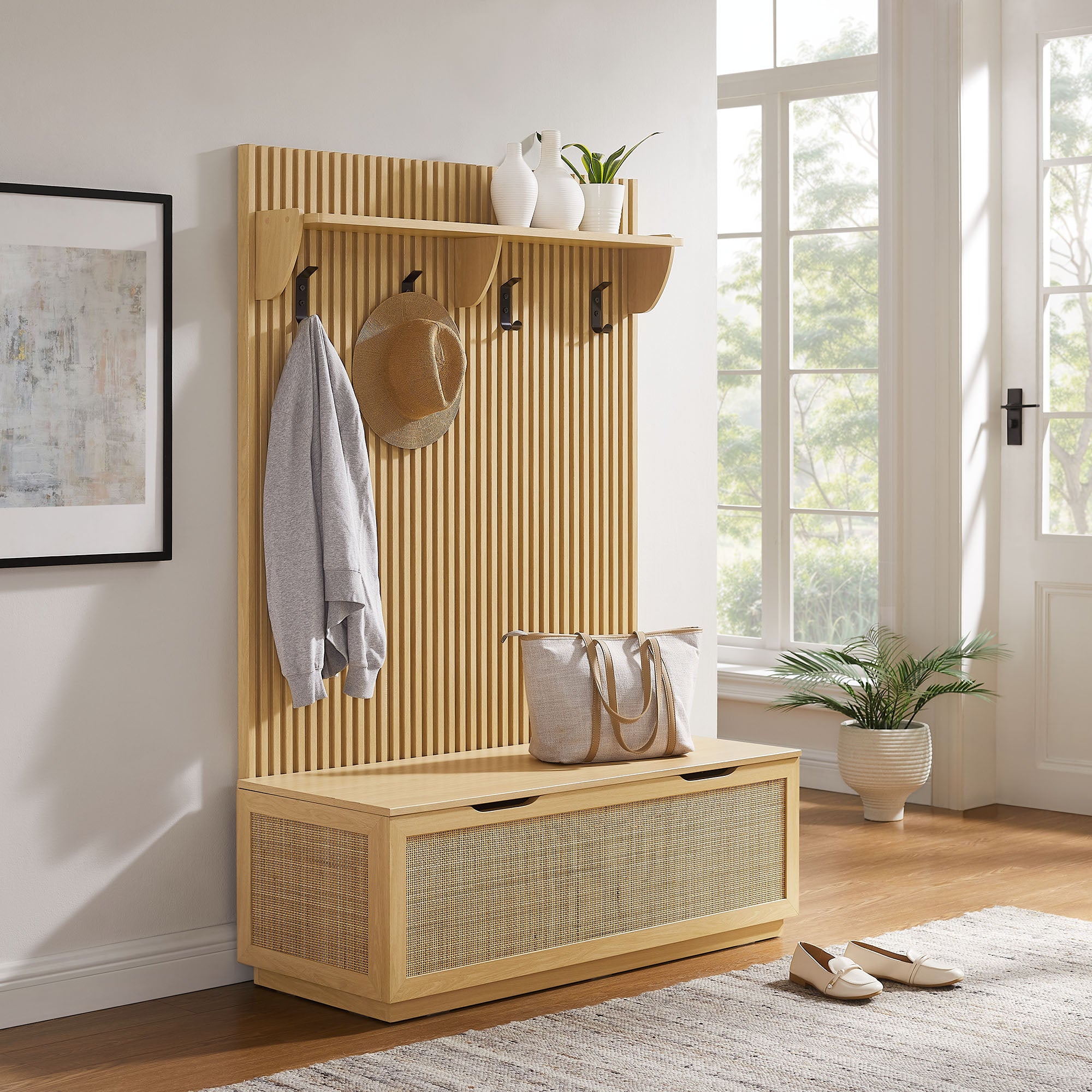 Modway EEI-7474 Soma Fluted 3-in-1 Hall Tree With Storage Bench and Coat Rack