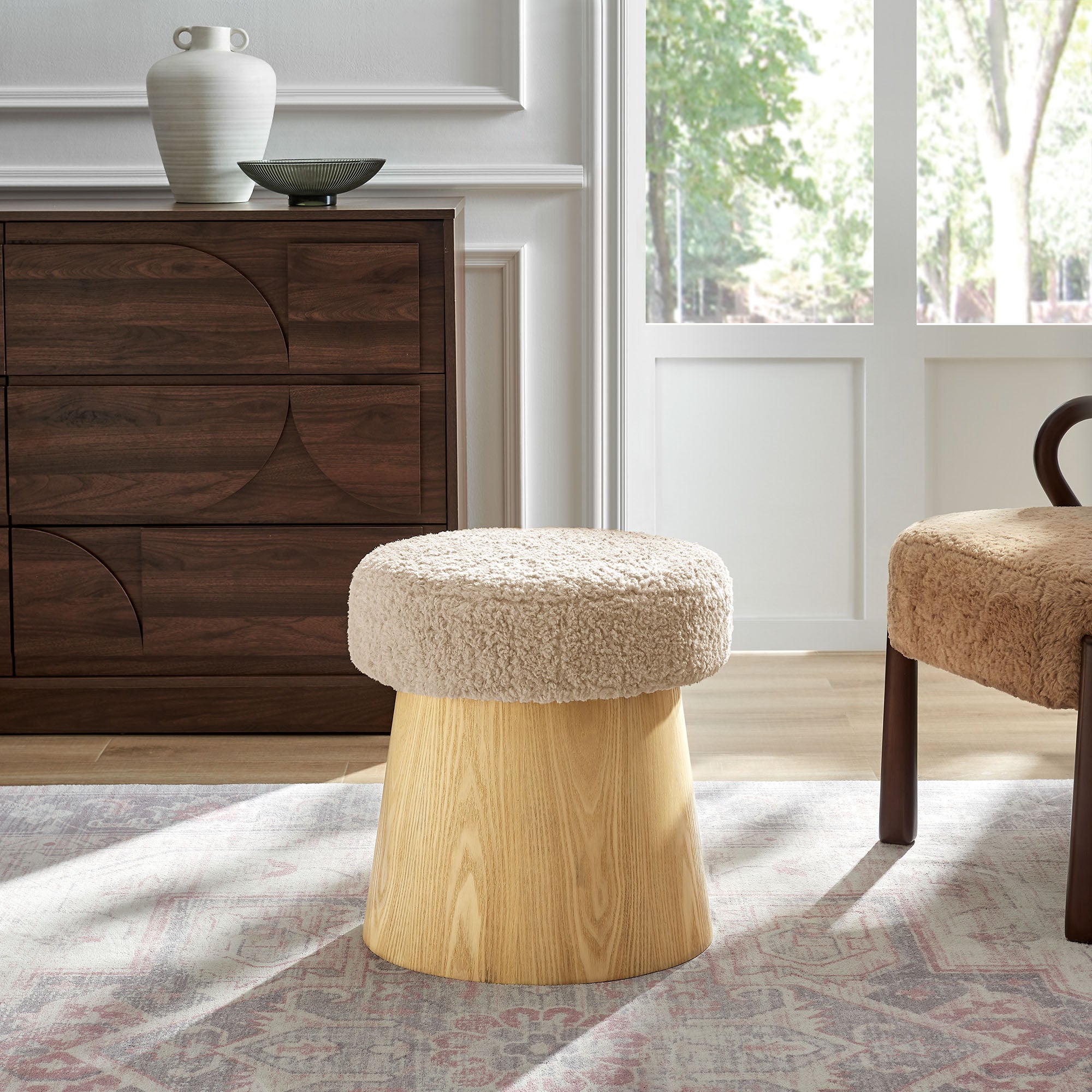 Modway Ketra Round Faux Shearling Ottoman Footstool