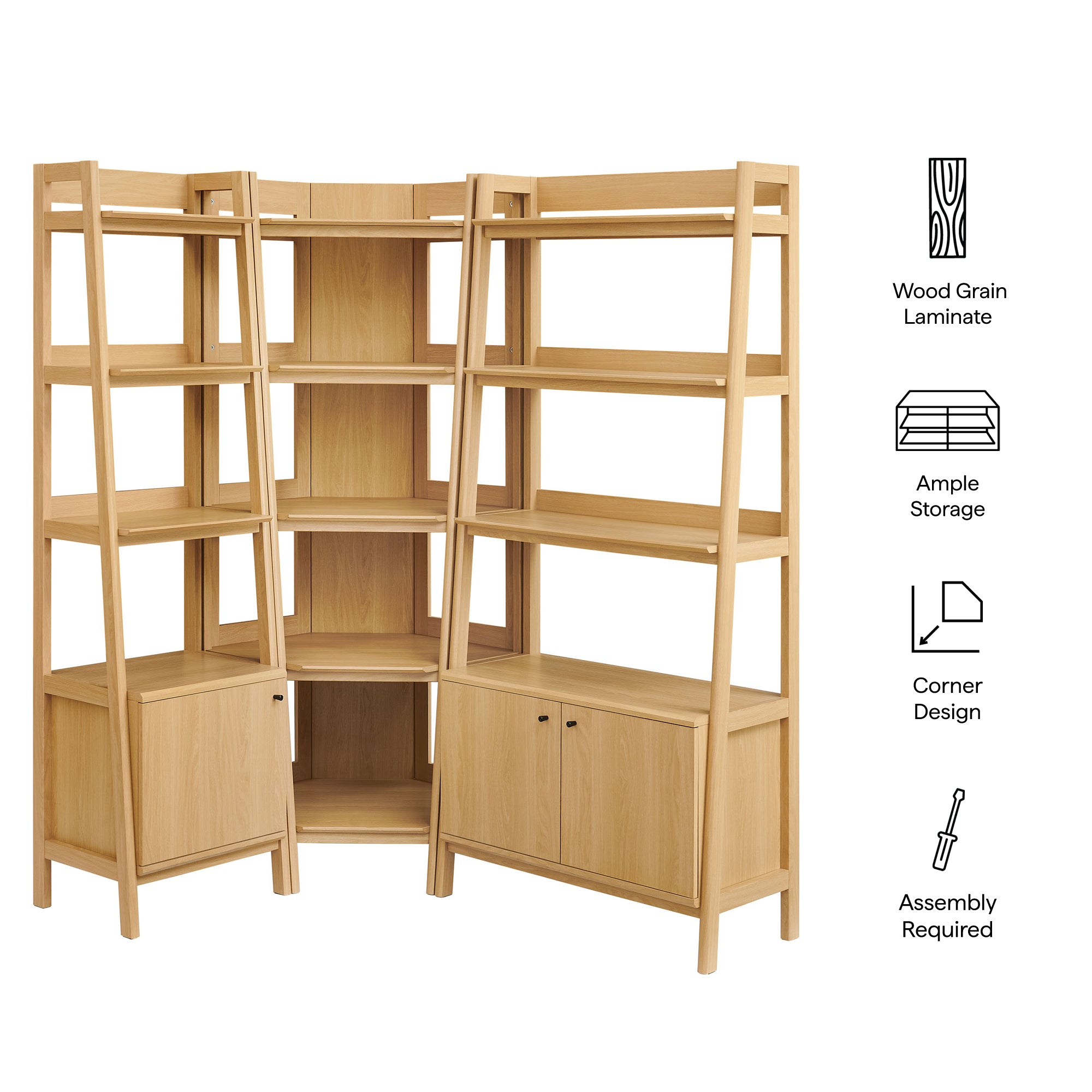 Modway Bixby 3 Piece Corner Bookshelf Set With Wide and Narrow Bookshelves