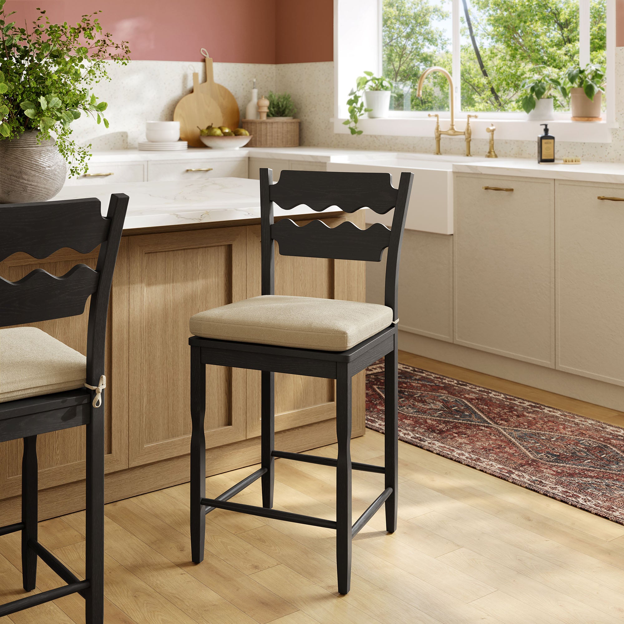 Modway Jax Oak Wood Counter Stool With Wavy Razor Back and Cushion