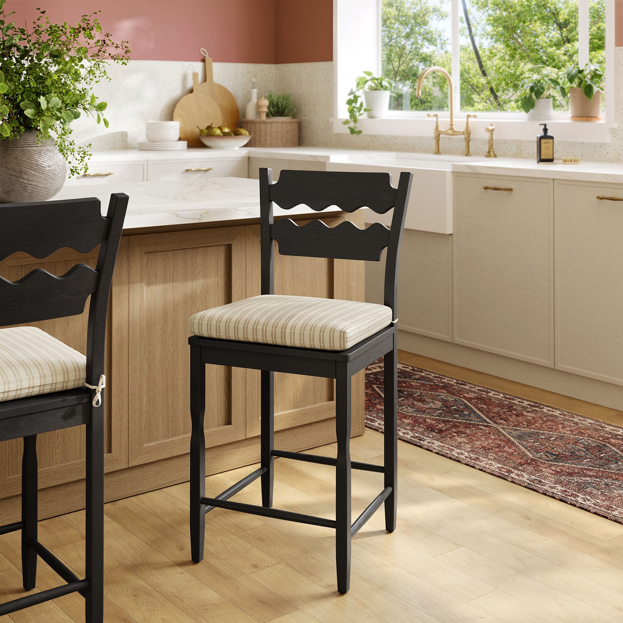 Modway Jax Oak Wood Counter Stool With Wavy Razor Back and Cushion