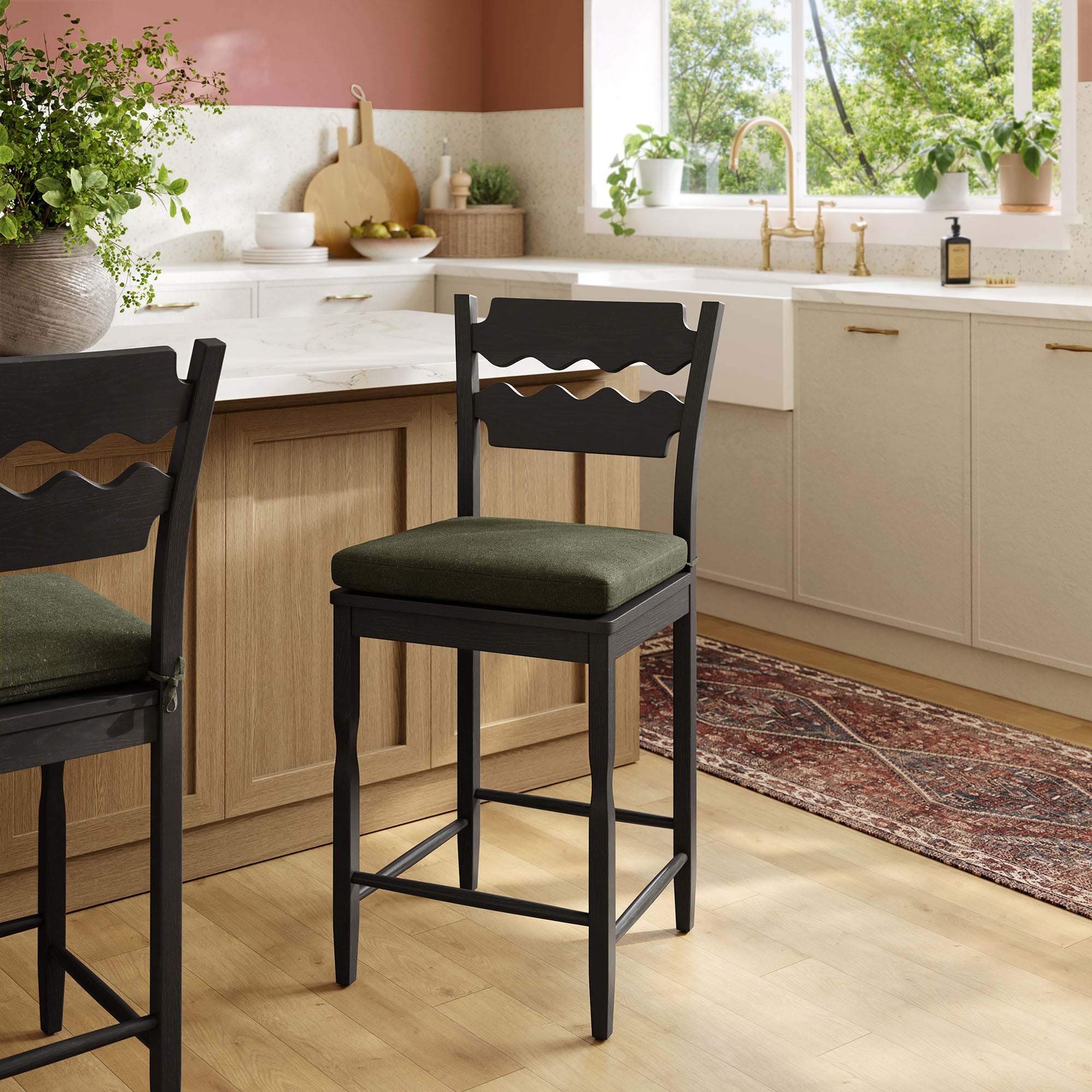 Modway Jax Oak Wood Counter Stool With Wavy Razor Back and Cushion