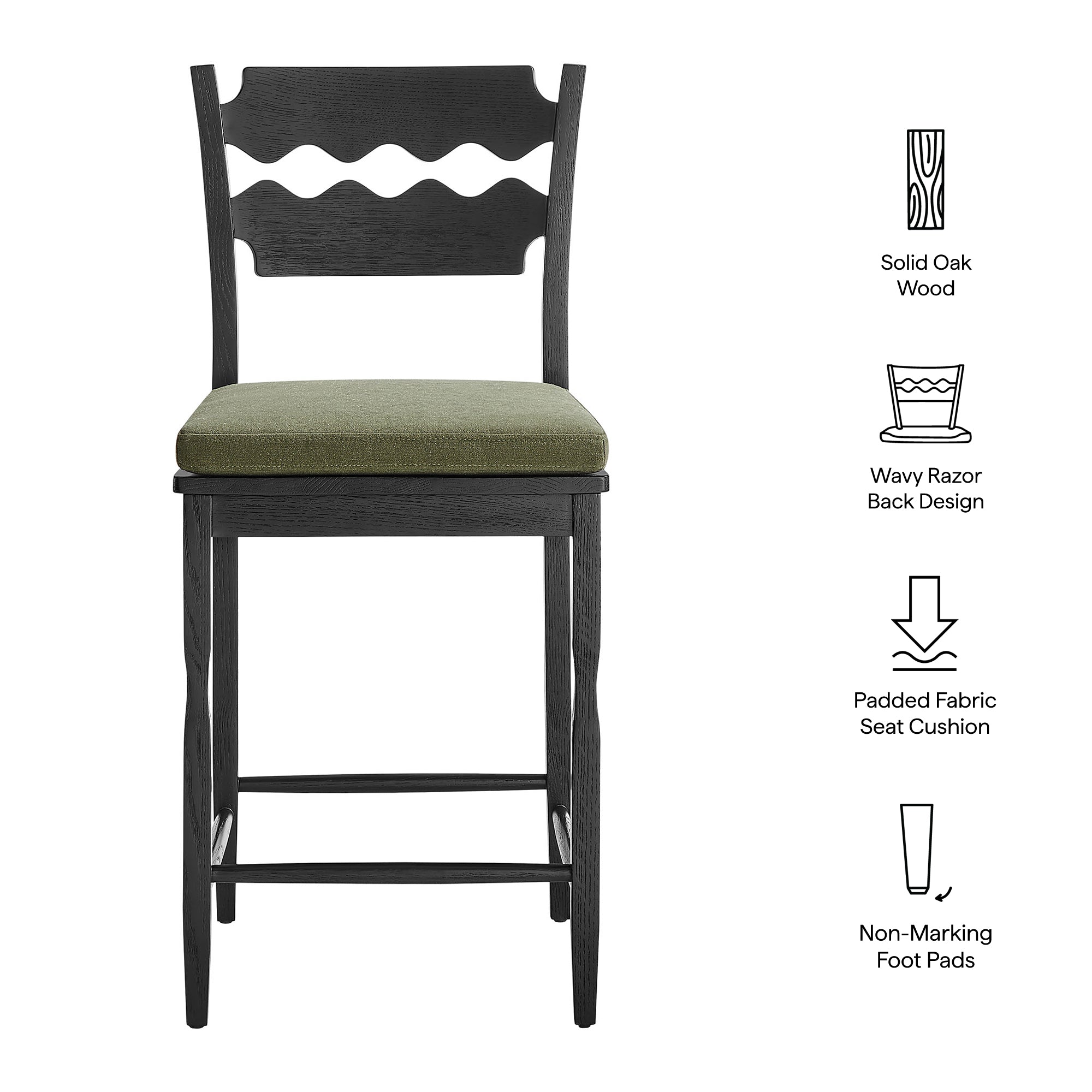 Modway Jax Oak Wood Counter Stool With Wavy Razor Back and Cushion