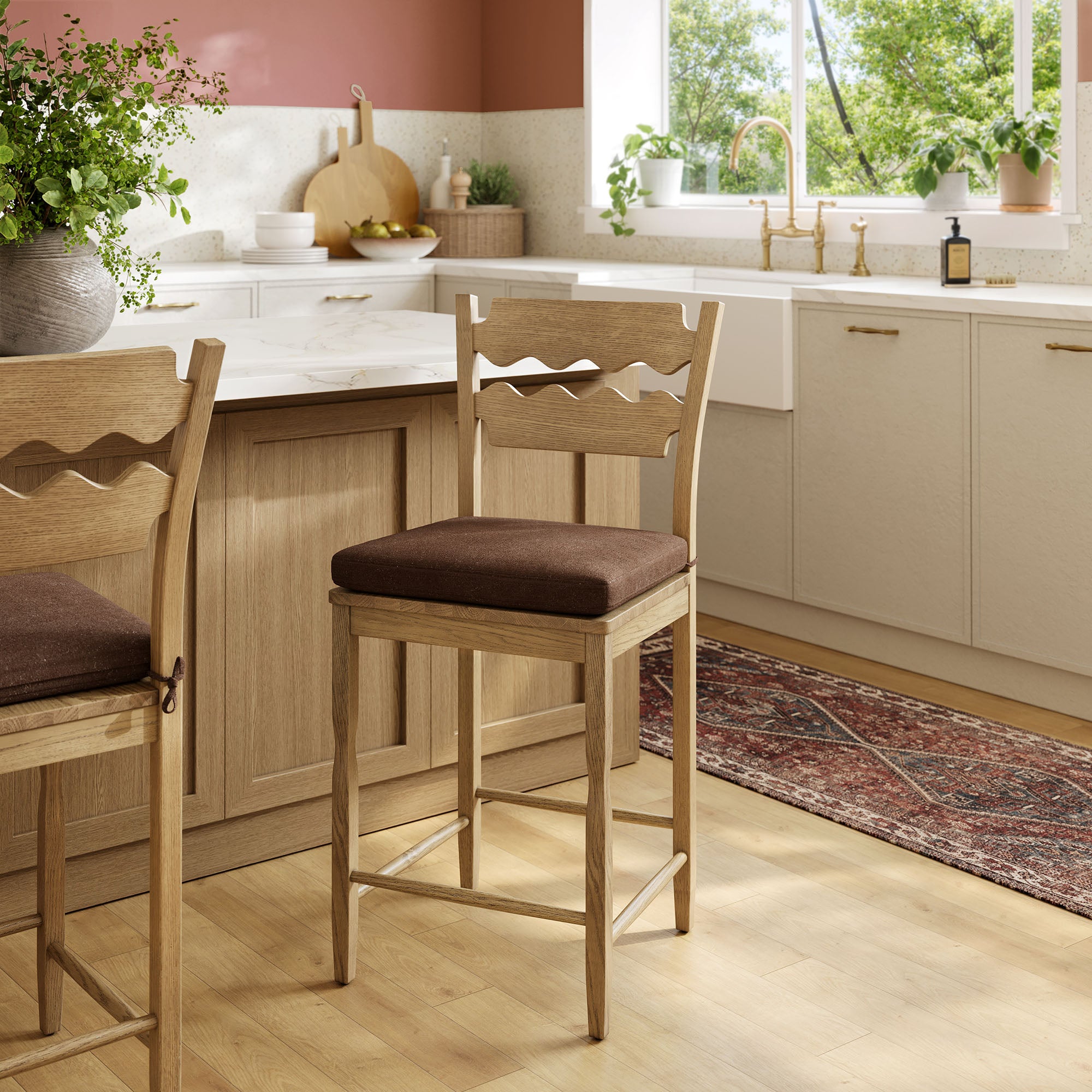 Modway Jax Oak Wood Counter Stool With Wavy Razor Back and Cushion