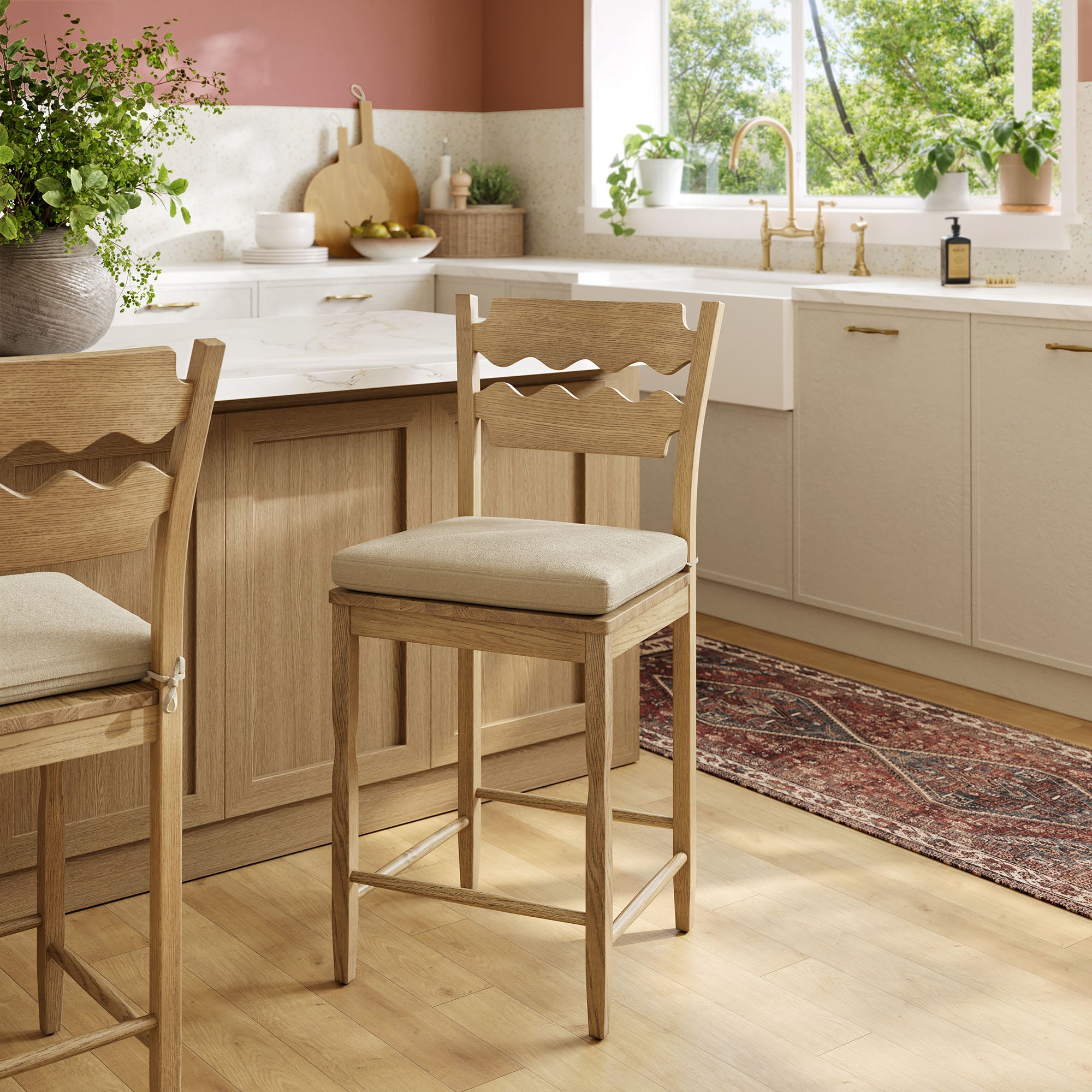Modway Jax Oak Wood Counter Stool With Wavy Razor Back and Cushion