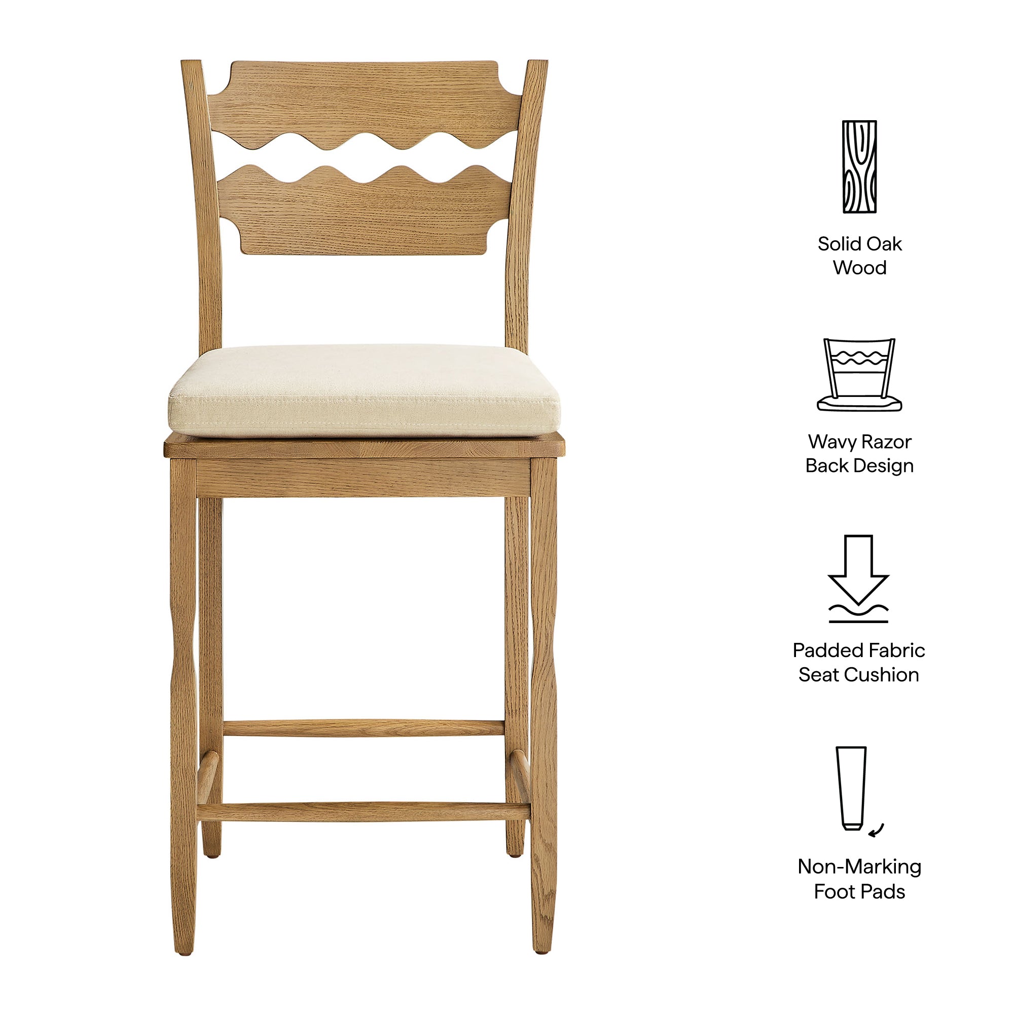 Modway Jax Oak Wood Counter Stool With Wavy Razor Back and Cushion