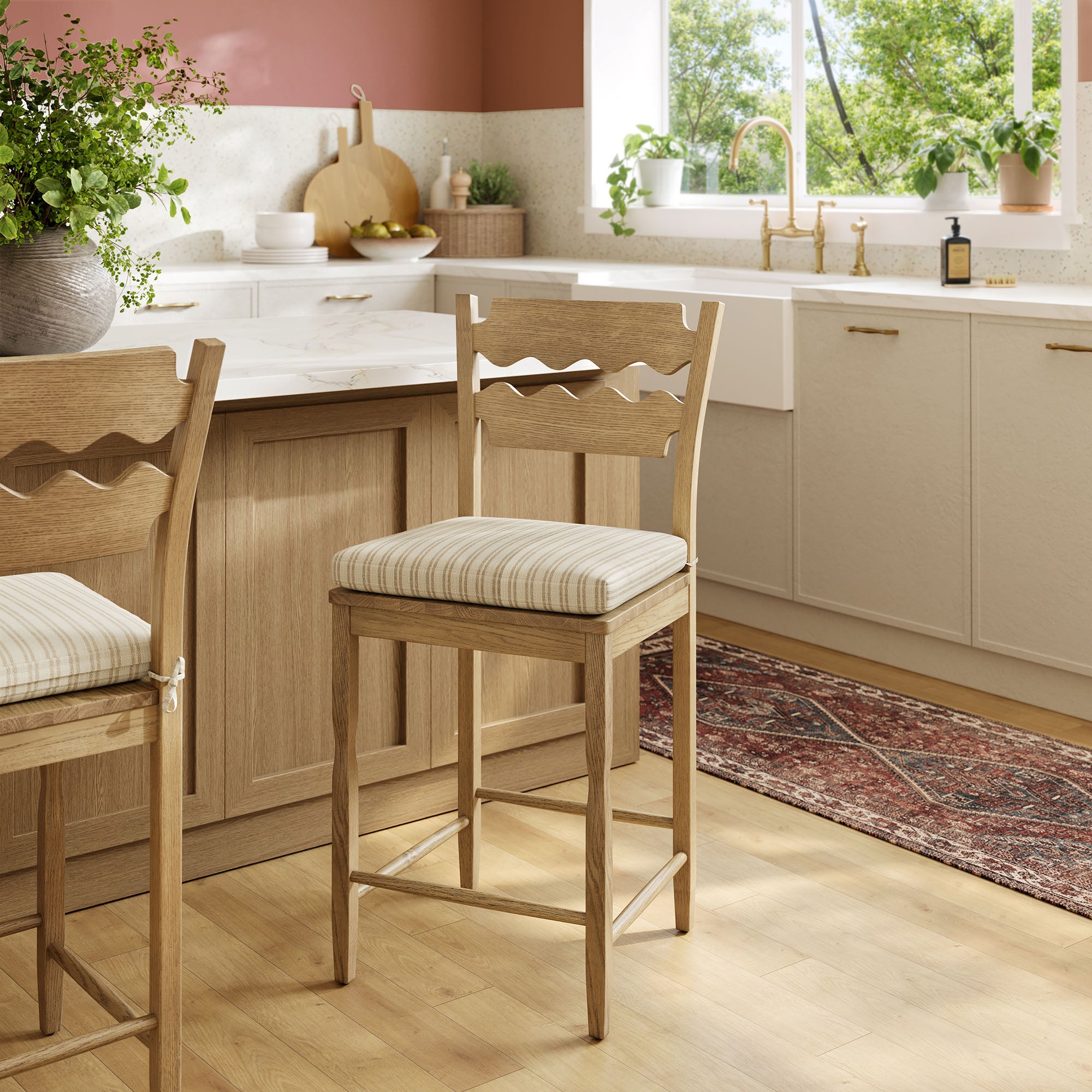Modway EEI-7518 Jax Oak Wood Counter Stool With Wavy Razor Back and Cushion