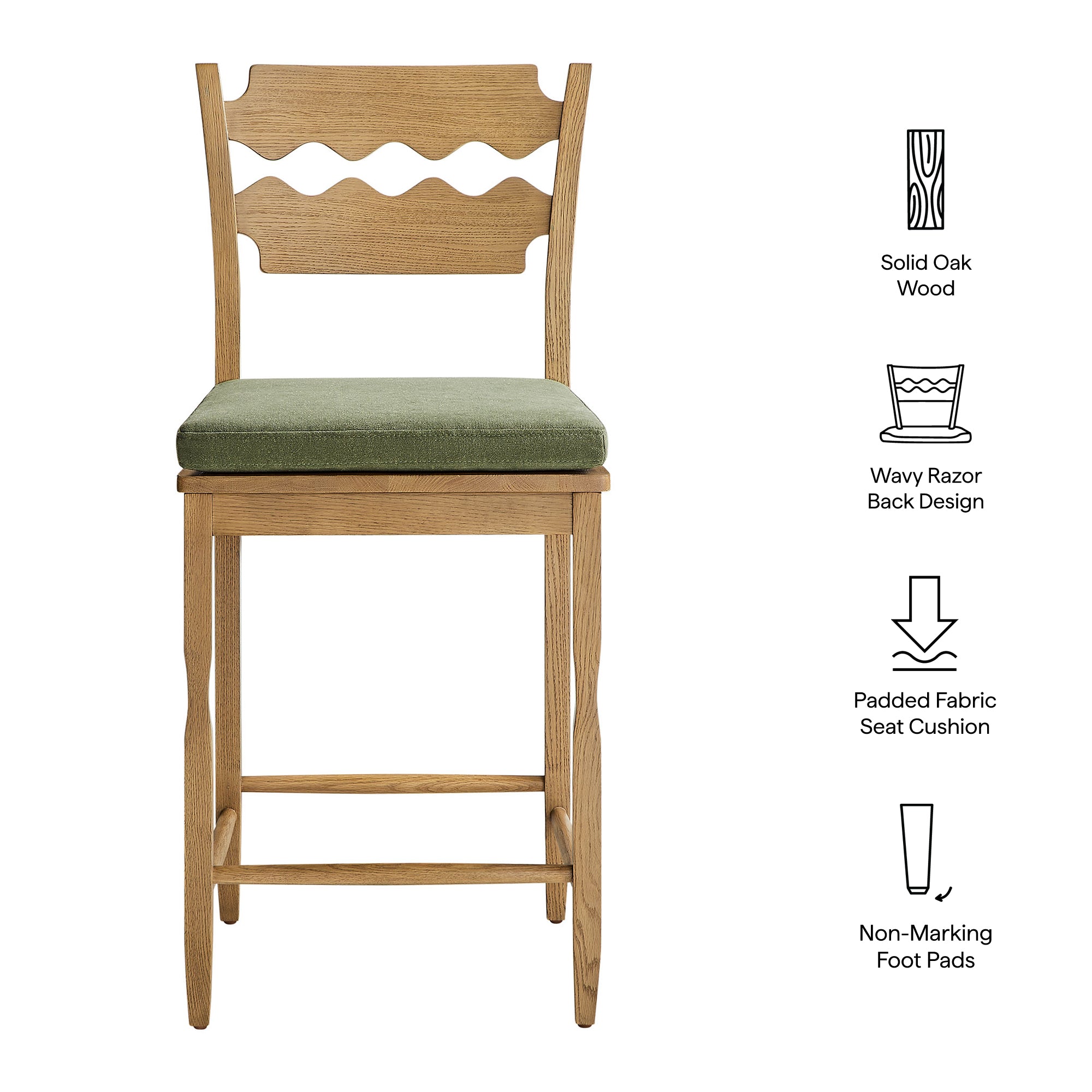 Modway EEI-7518 Jax Oak Wood Counter Stool With Wavy Razor Back and Cushion