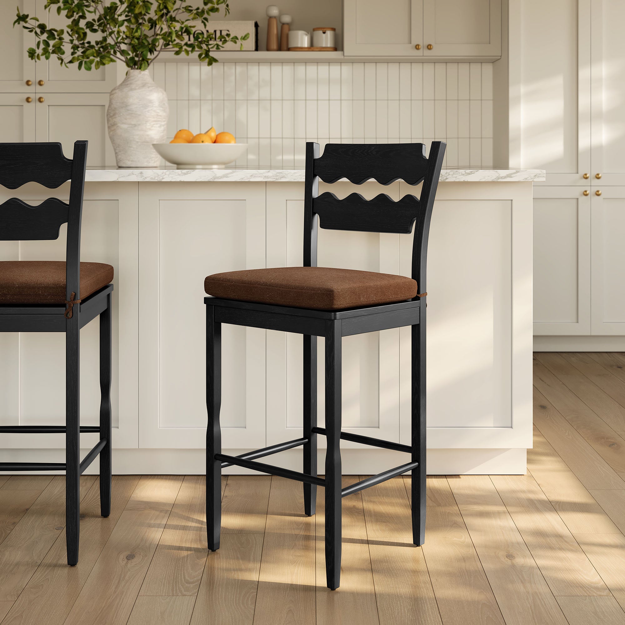 Modway Jax Oak Wood Bar Stool With Wavy Razor Back and Cushion