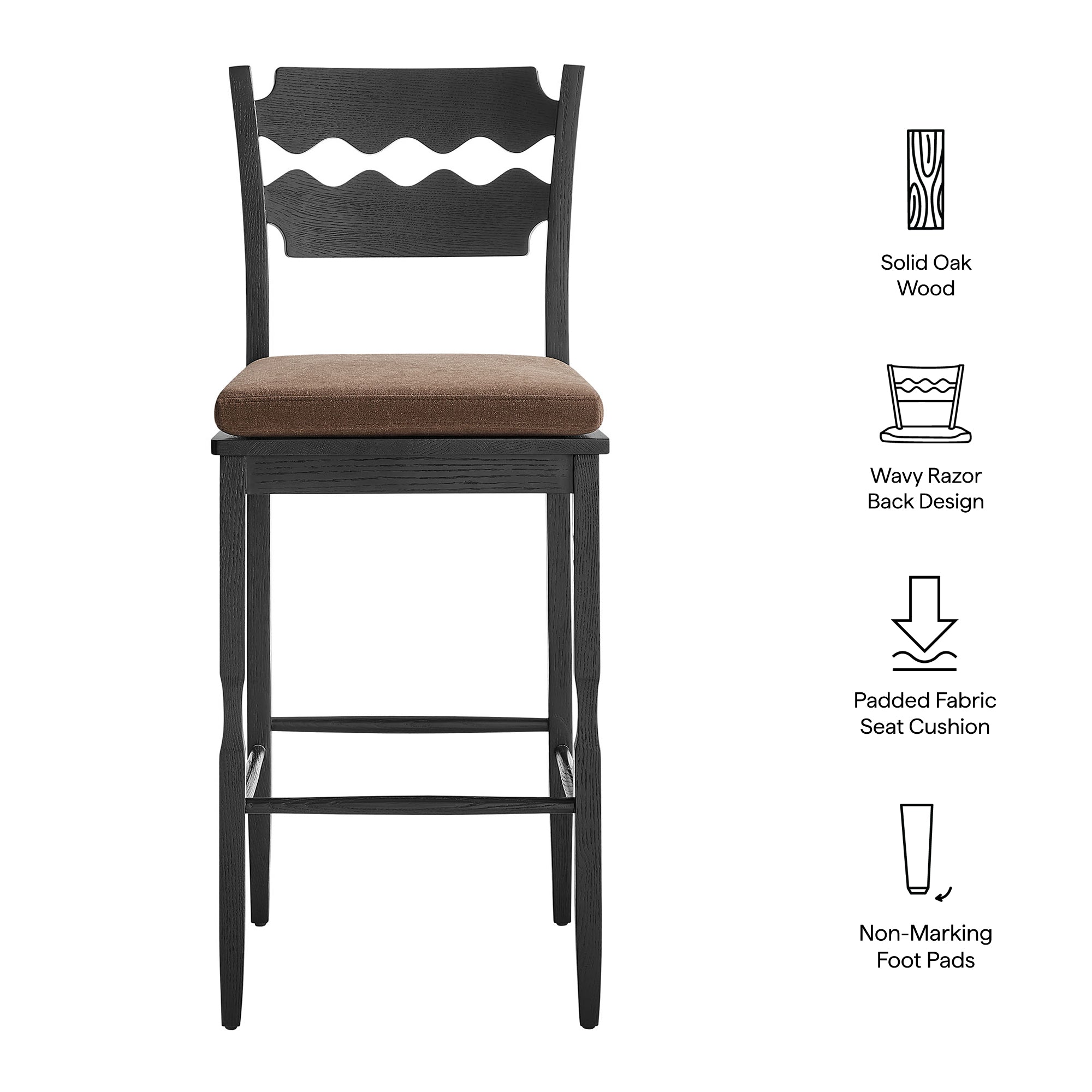 Modway Jax Oak Wood Bar Stool With Wavy Razor Back and Cushion