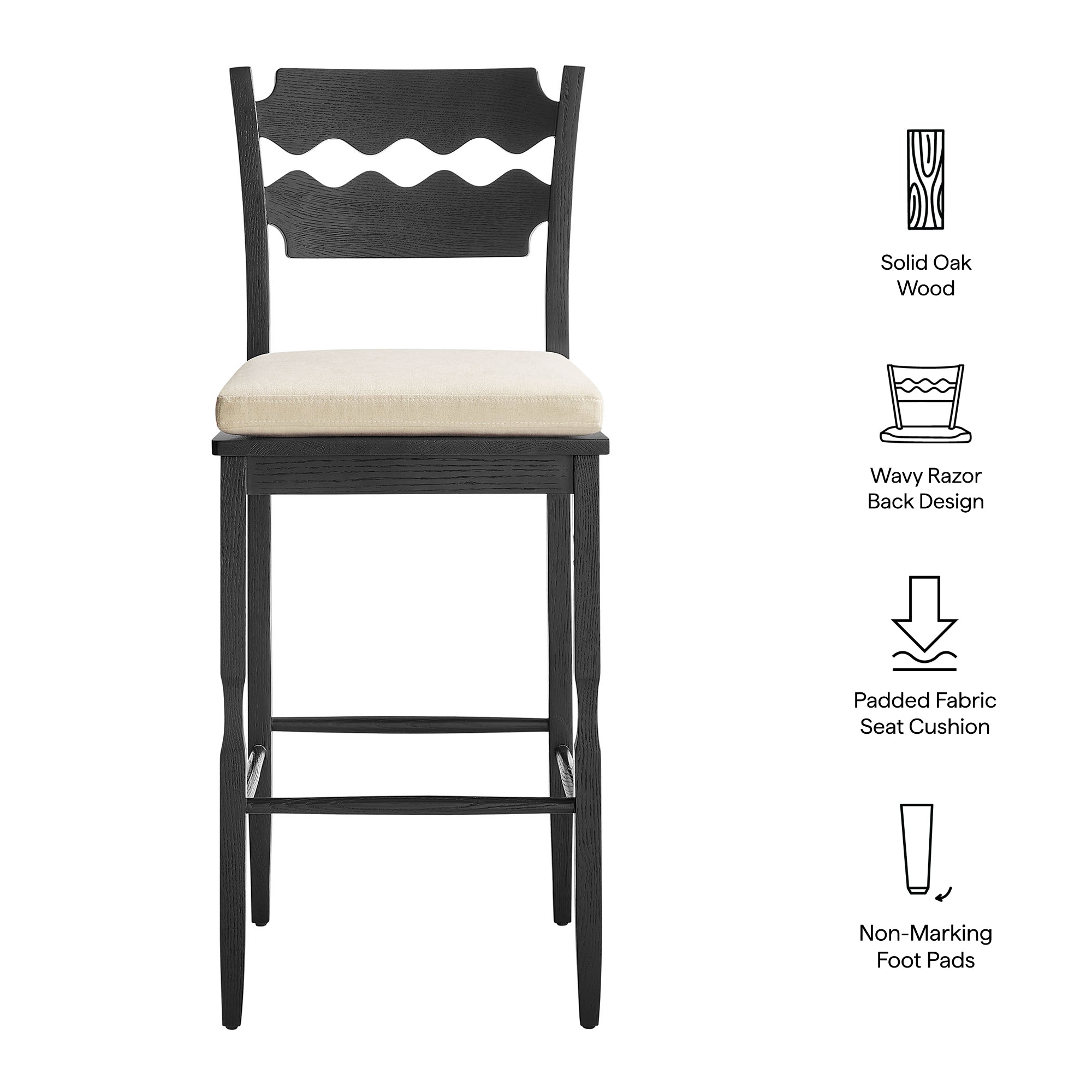 Modway Jax Oak Wood Bar Stool With Wavy Razor Back and Cushion